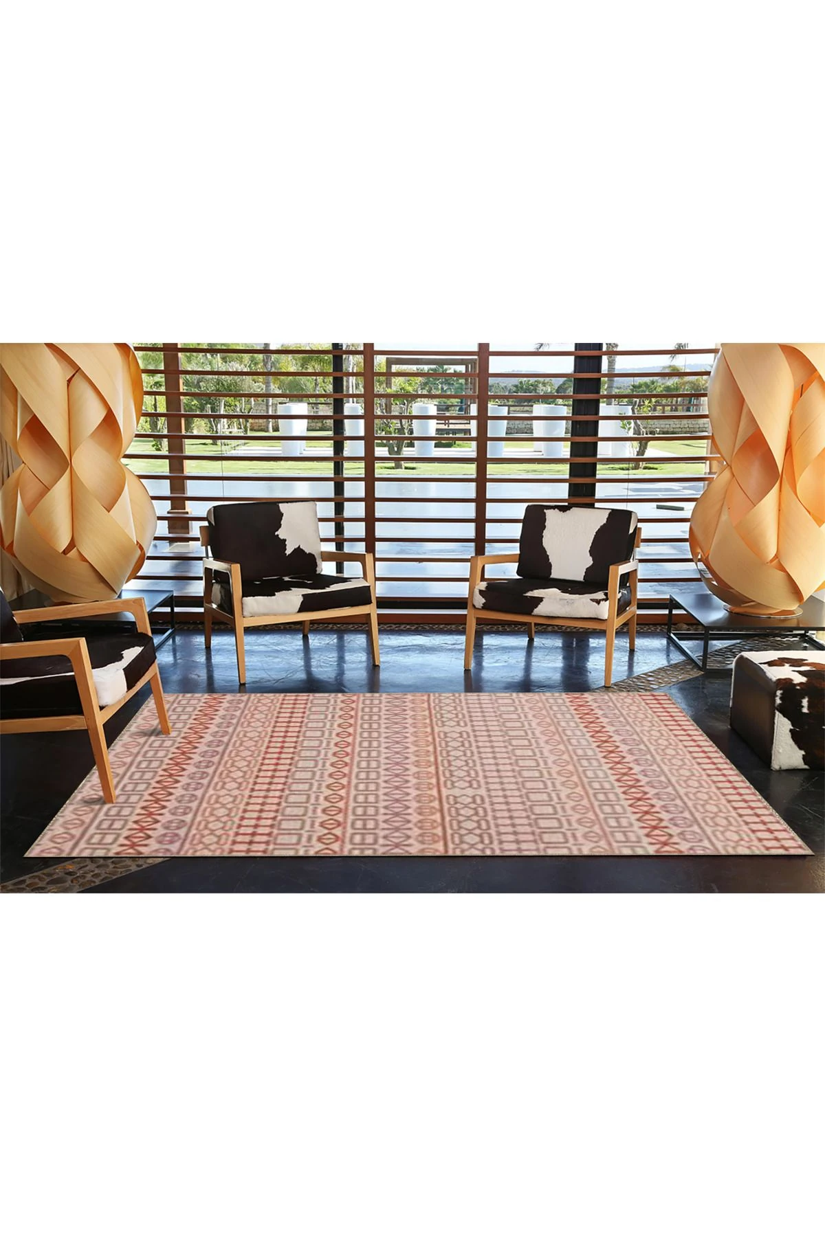 Etnik Pembe Renkli Desenli Modern Dekoratif Halı 4451