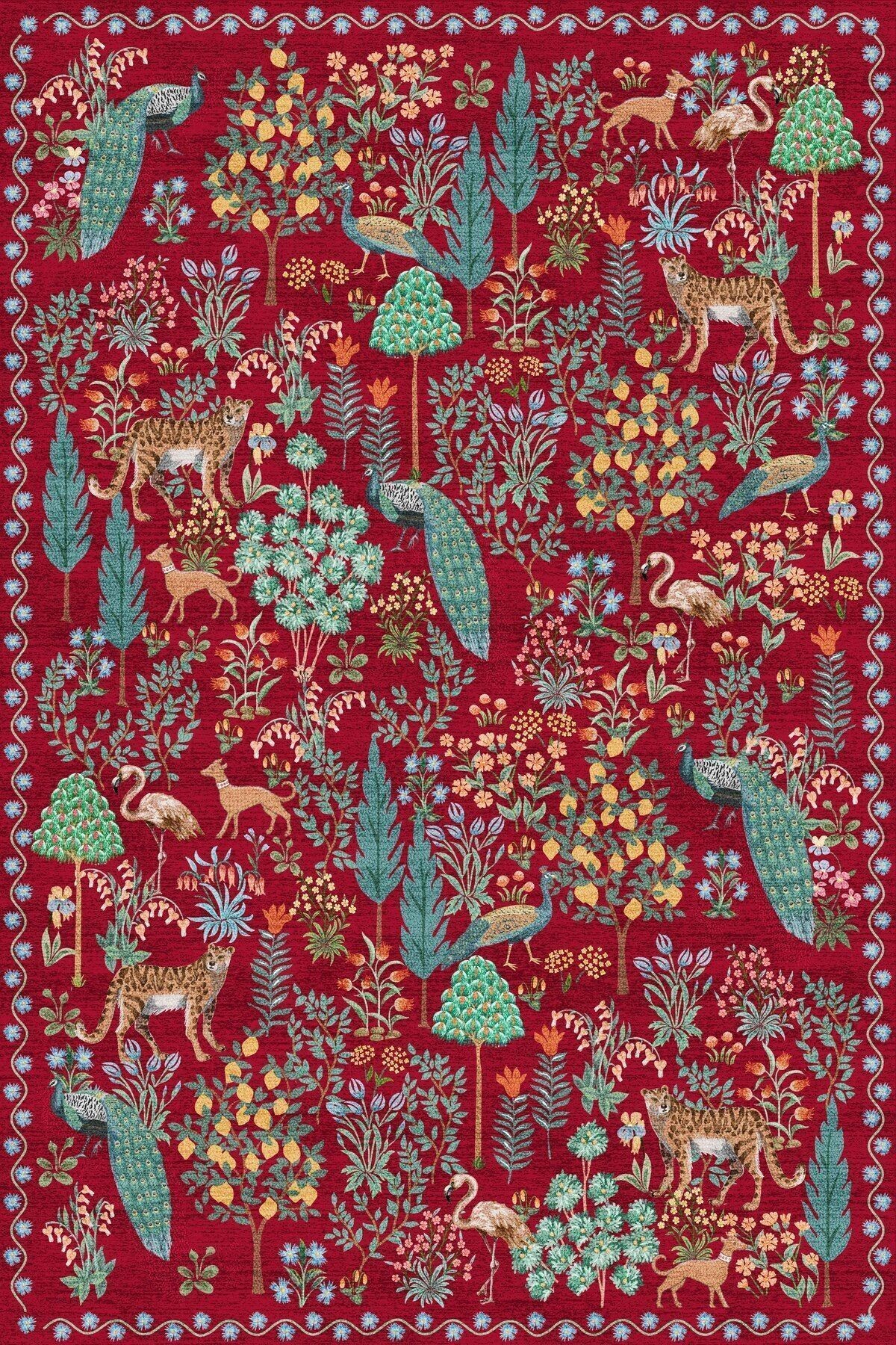 Floral Mira Kırmızı Çam Ağacı Botanik Tema Dokuma Taban Halı Mira 1316