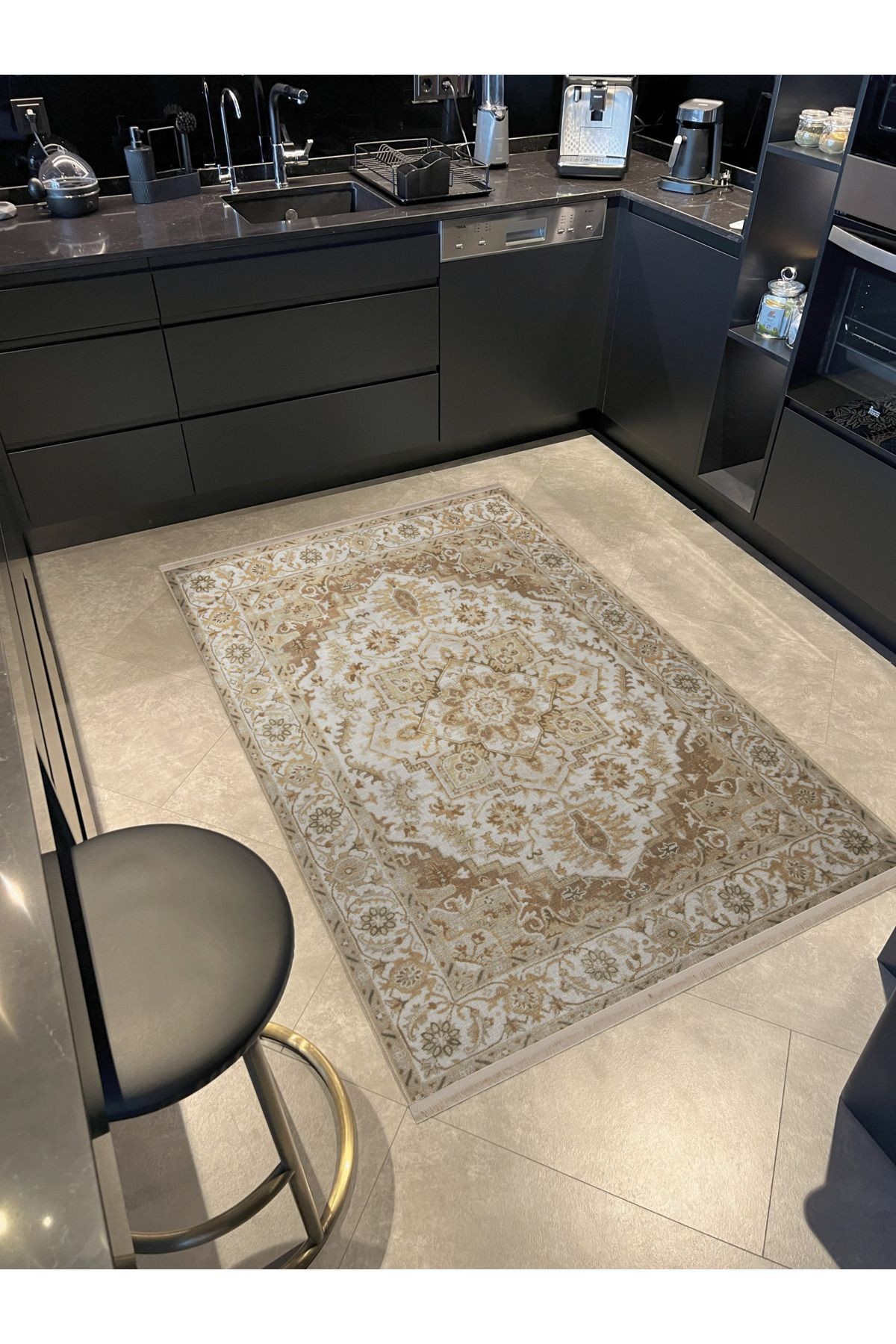 Bej Temalı Geleneksel Motif Desenli Kreatif Vintage Dekoratif Halı 2877