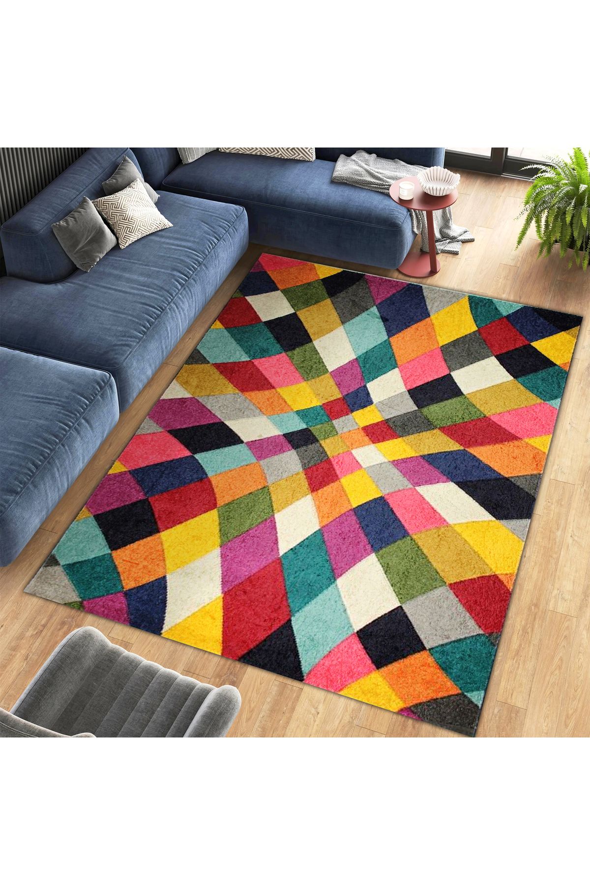 Kuzey Koleksiyonu Çok Renkli Şekiller Dokuma Taban Dekoratif Halı kuzey06