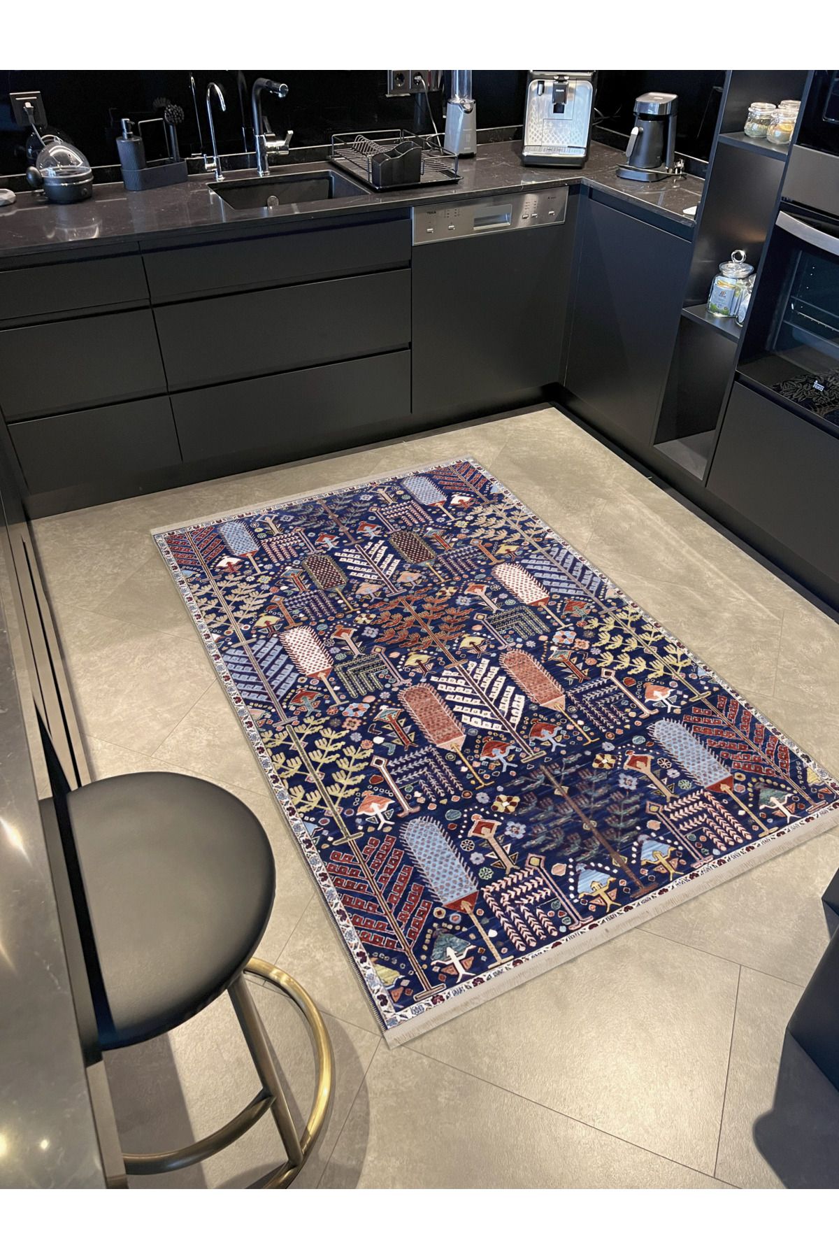 Lacivert Temalı Çok Renkli Karmaşık Şekil Desenli Modern Dekoratif Halı 1959