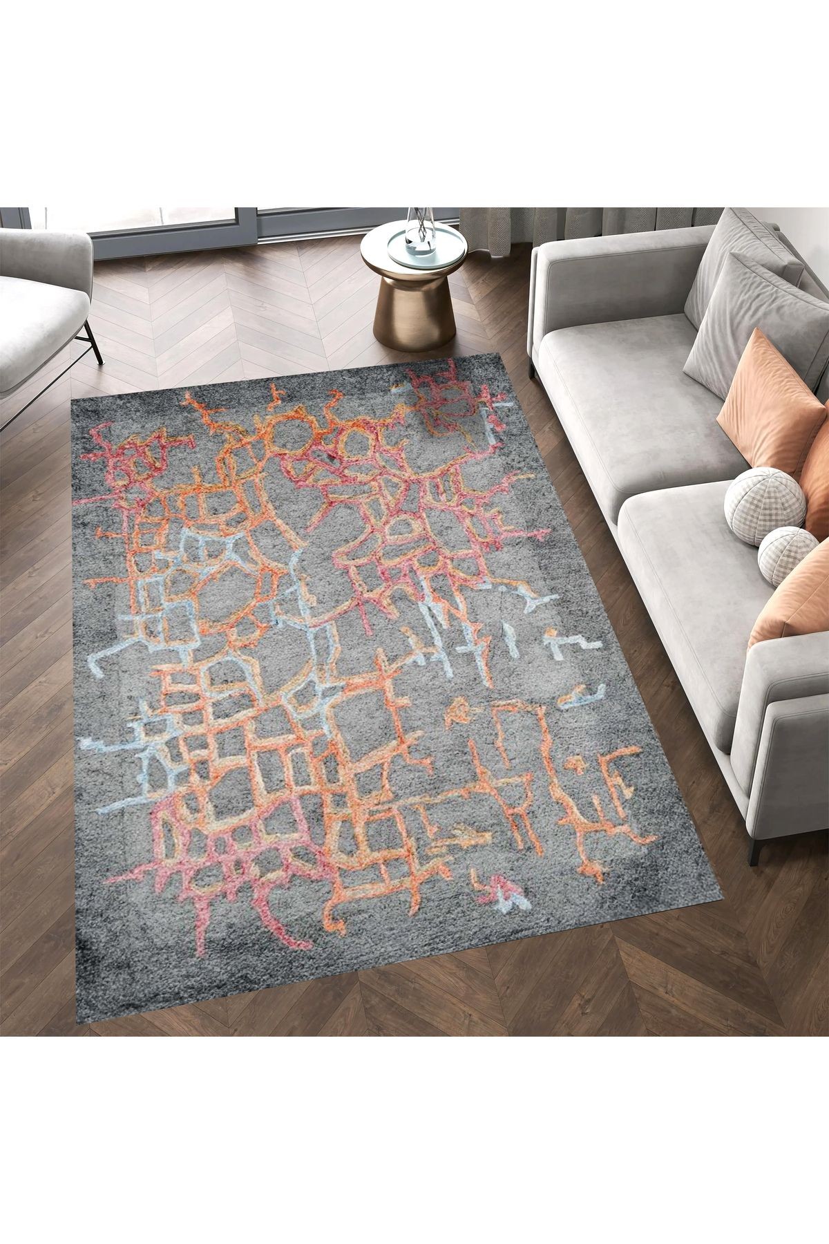 Aysu Koleksiyonu Gri Soyut Renkli Desenli Dokuma Taban Modern Dekoratif Halı aysu46