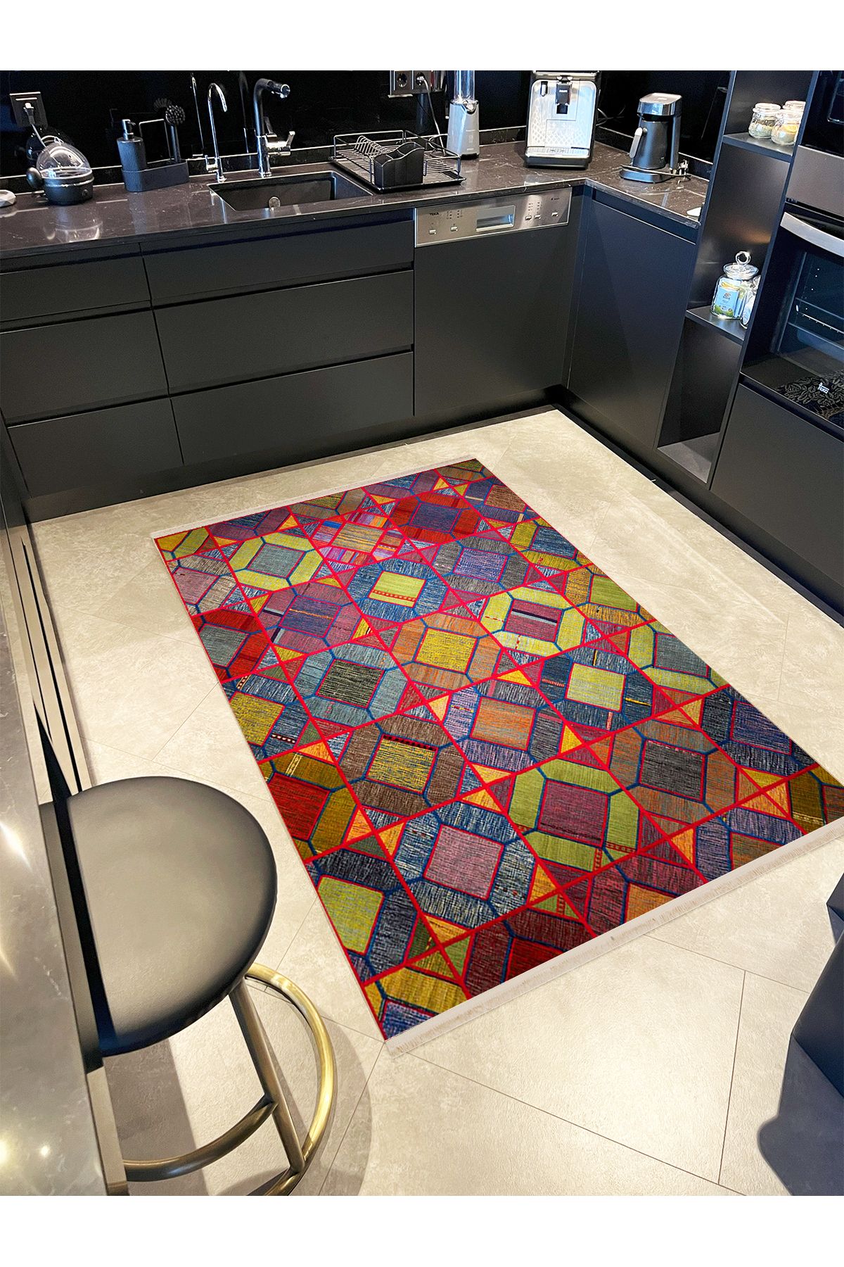 Kuzey Koleksiyonu Çok Renkli Şekiller Desenli Dokuma Taban Dekoratif Halı kuzey44