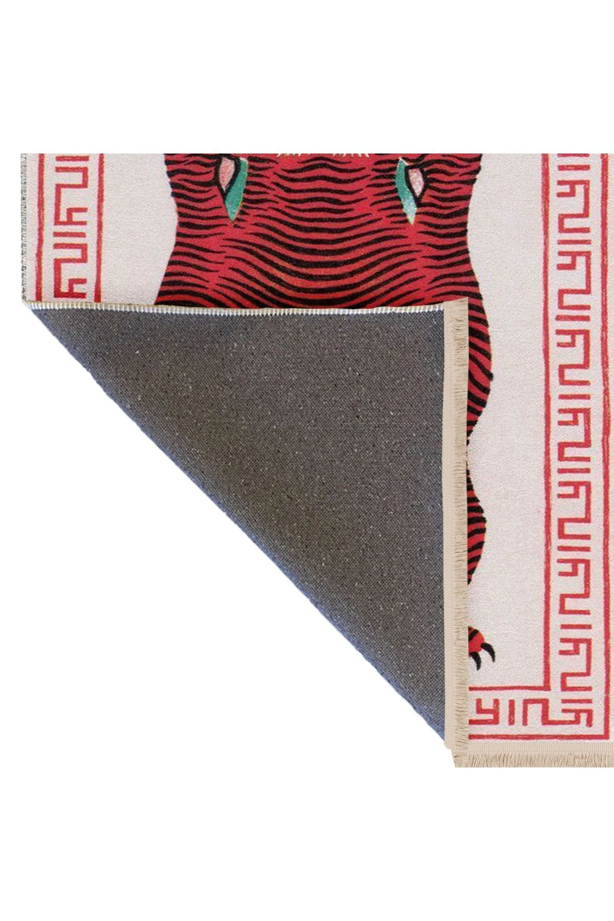 İnci Koleksiyonu Kırmızı Etnik Kaplan Desenli Dokuma Taban Vintage Dekoratif Halı inci09
