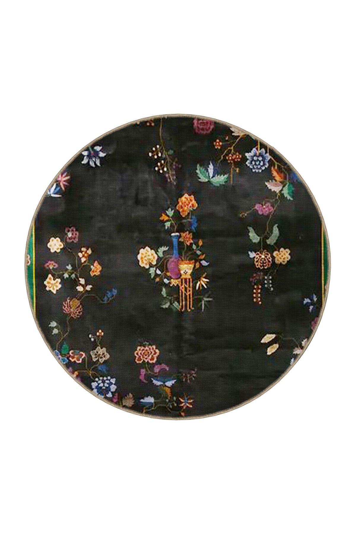 Siyah Yeşil Temalı Geleneksel Çin Tasarım Floral Çiçek Desenli Vintage Dekoratif Halı 3487