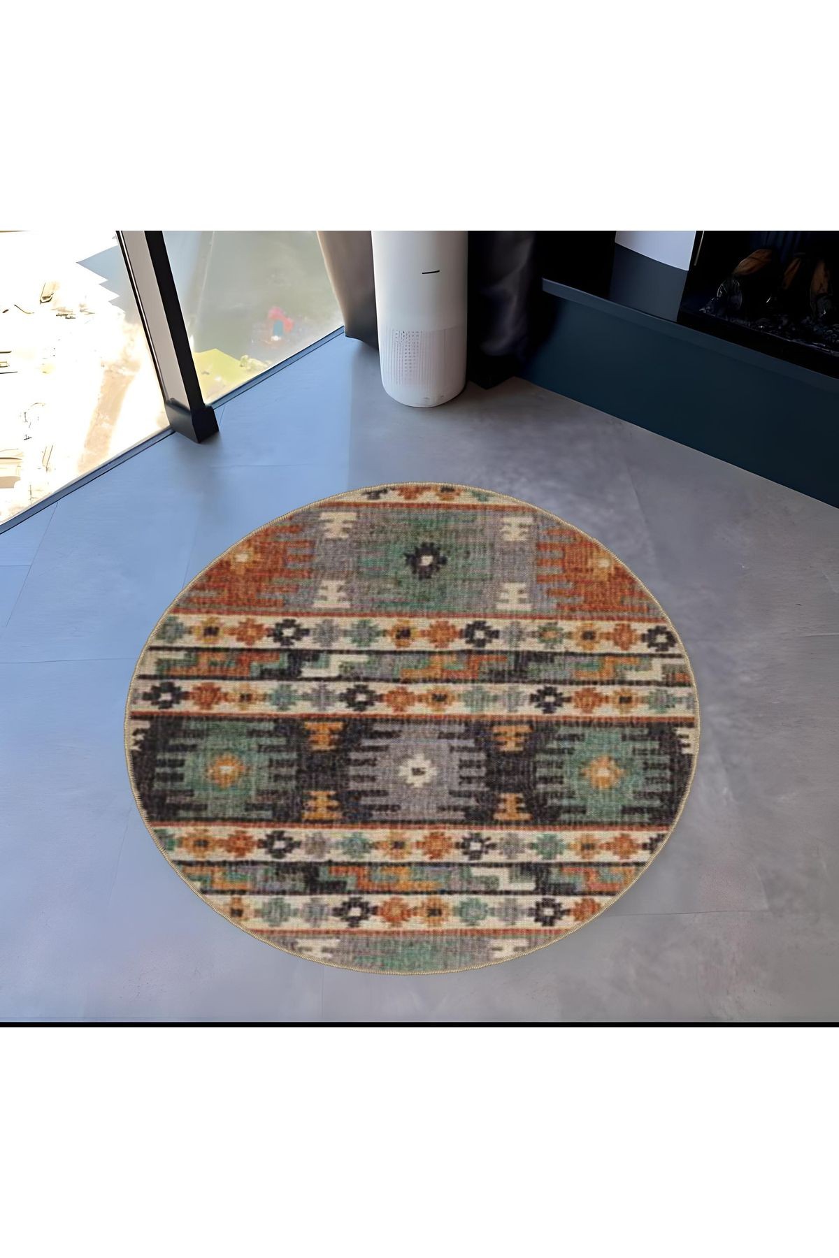 Çok Renkli Etnik Motif Geleneksel Desenli Yuvarlak Dokuma Taban Vintage Dekoratif Halı 6055