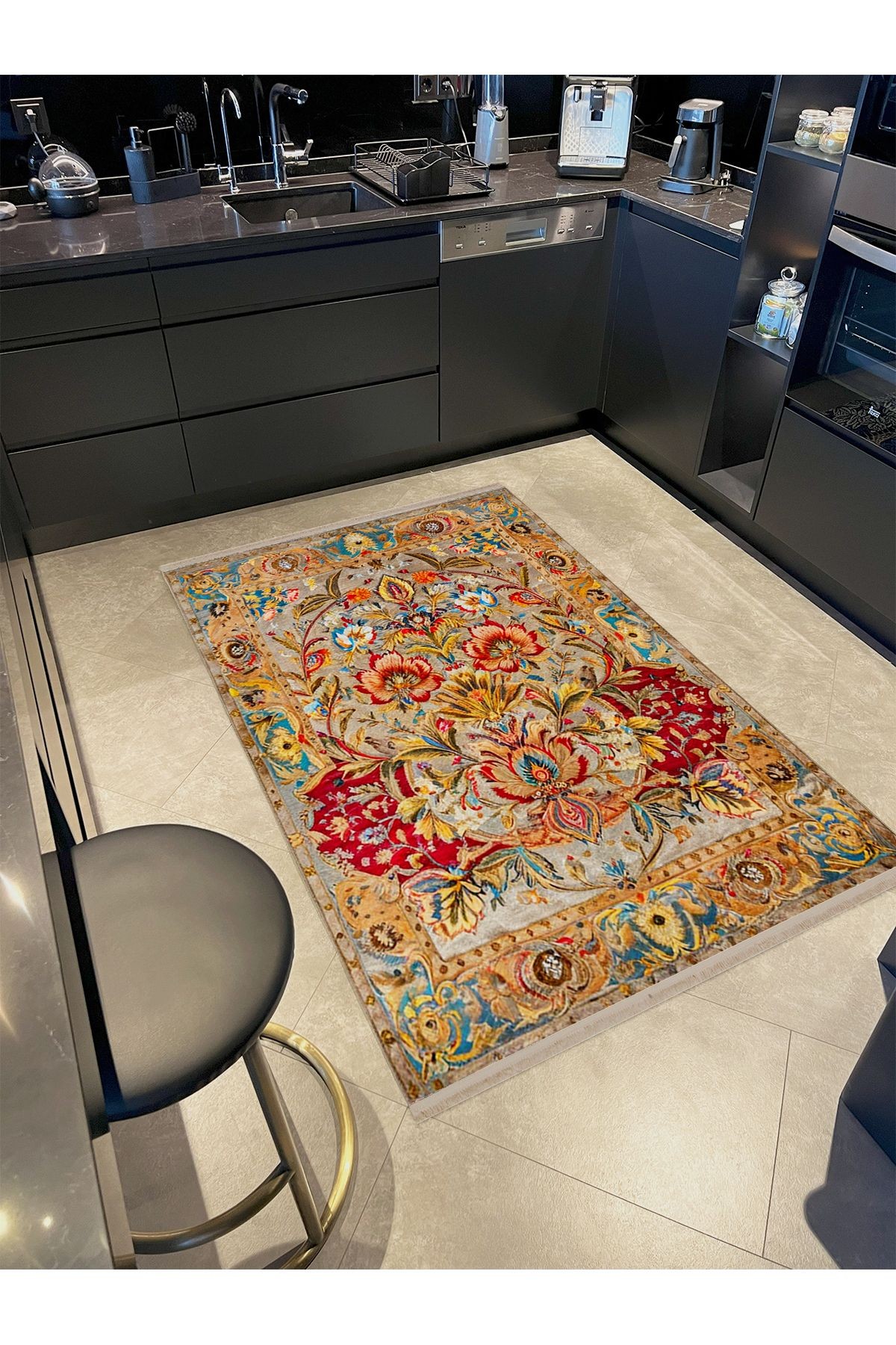 Tokyo Koleksiyonu Çok Renkli Floral Motifli Geleneksel Desen Dokuma Taban Vintage Dekoratif Halı 06