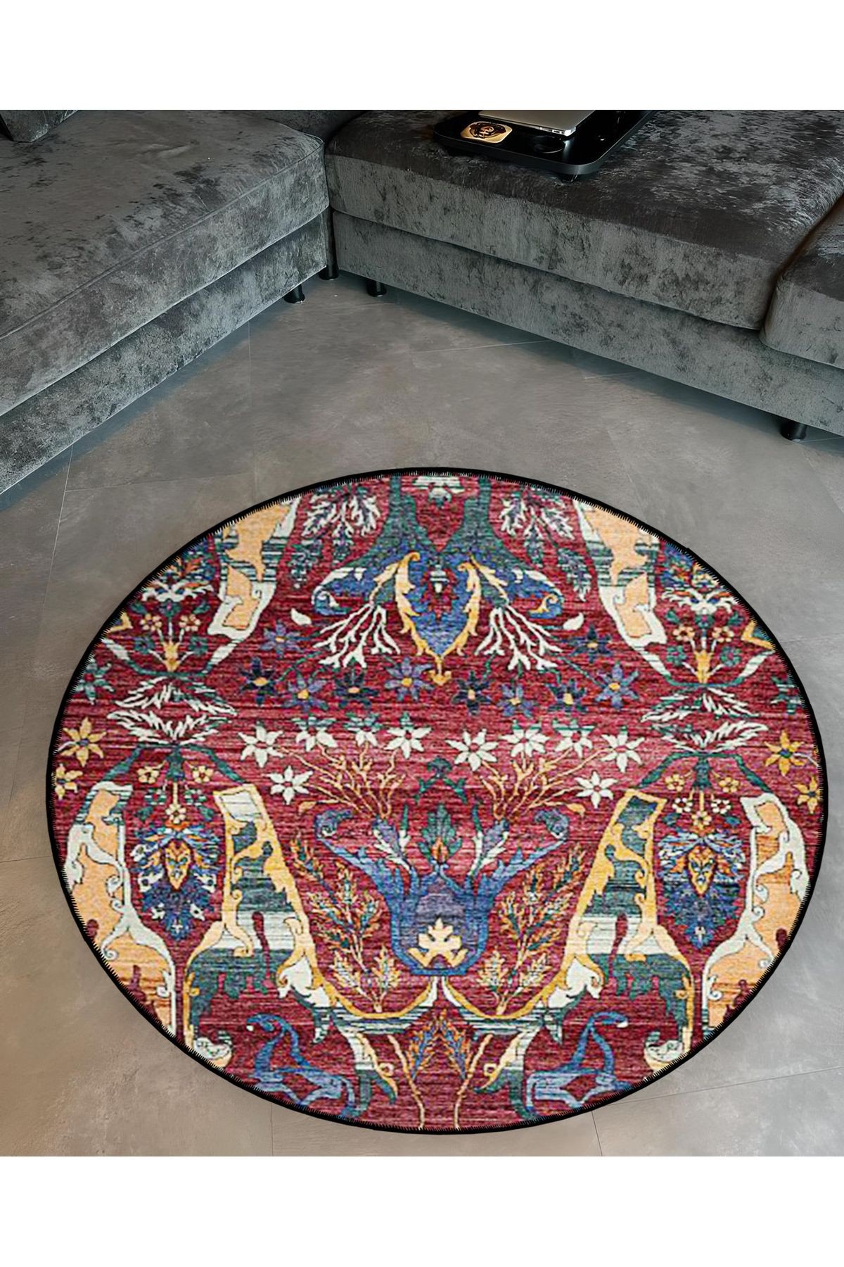 Bordo Tema Çiçekli Geleneksel Desenli Yuvarlak Dokuma Taban Vintage Dekoratif Halı 6106