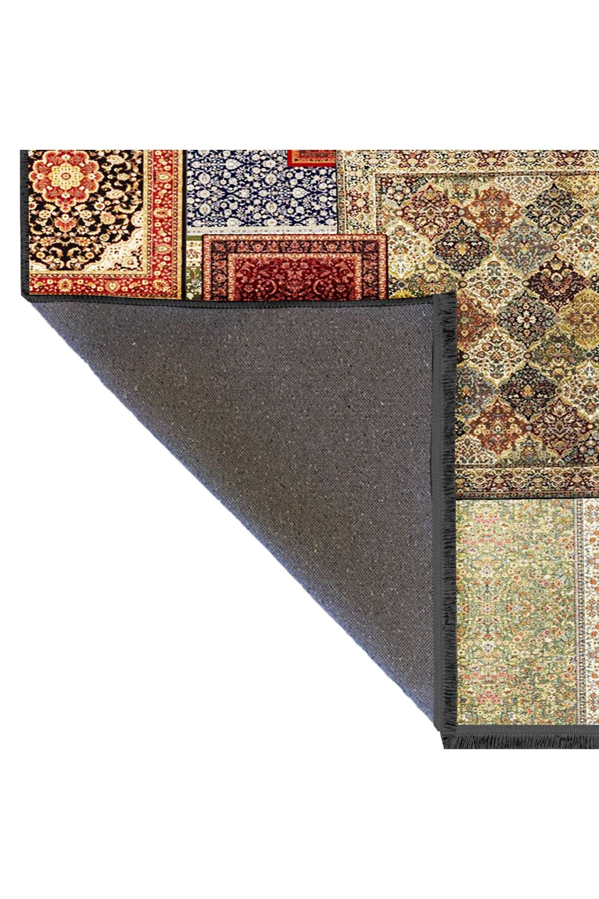 Kuvars Koleksiyonu Çok Renkli Vintage Motifler Desenli Dokuma Taban Etnik Dekoratif Halı kuvars20