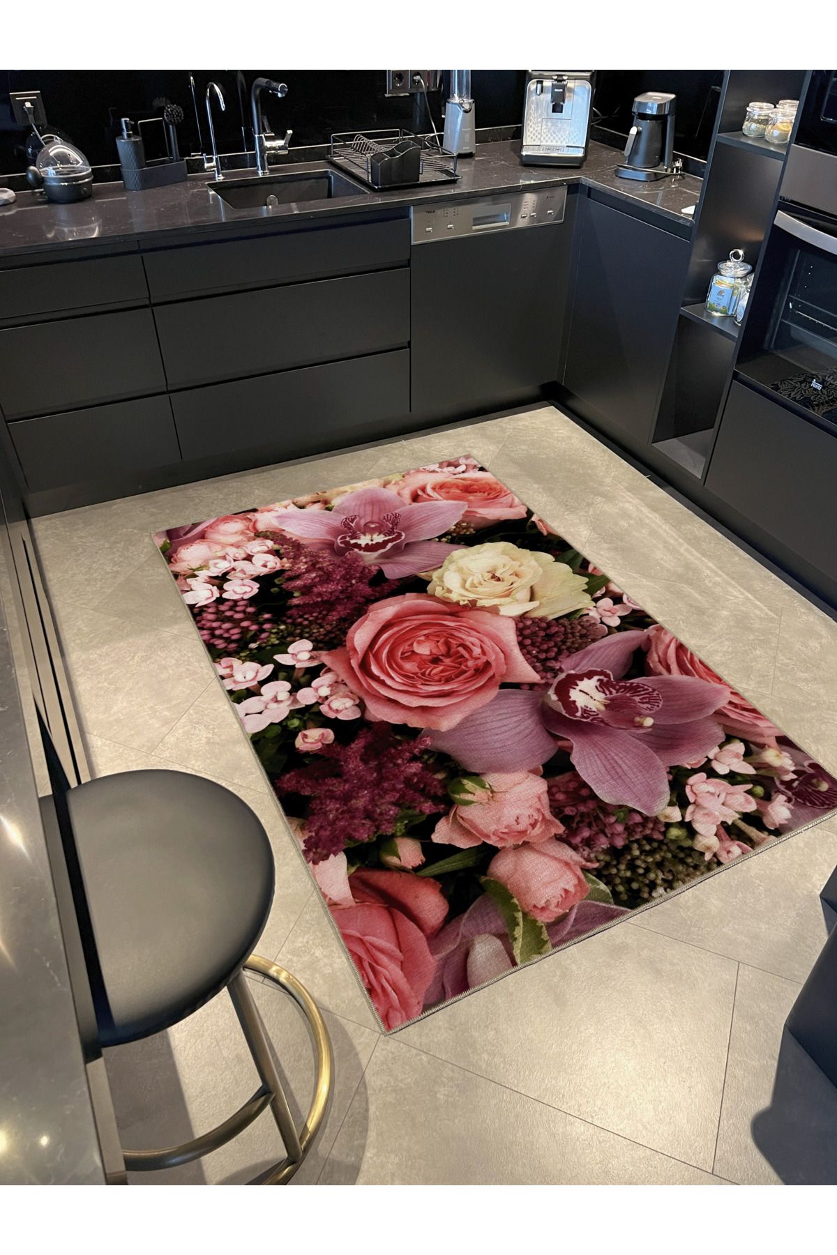 Mor Pembe Temalı Gül ve Çiçek Desenli Kreatif Modern Dekoratif Halı 2316