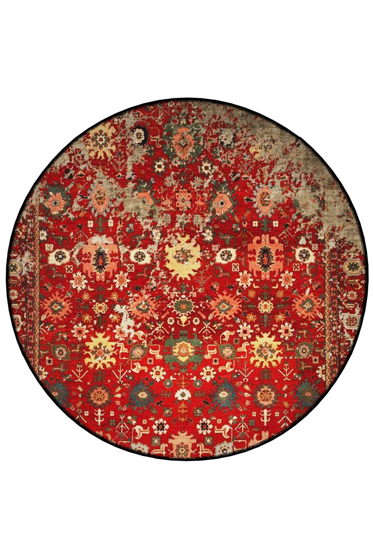 Kırmızı Temalı Geleneksel Motif Desenli Yuvarlak Dokuma Taban Vintage Dekoratif Halı 6189