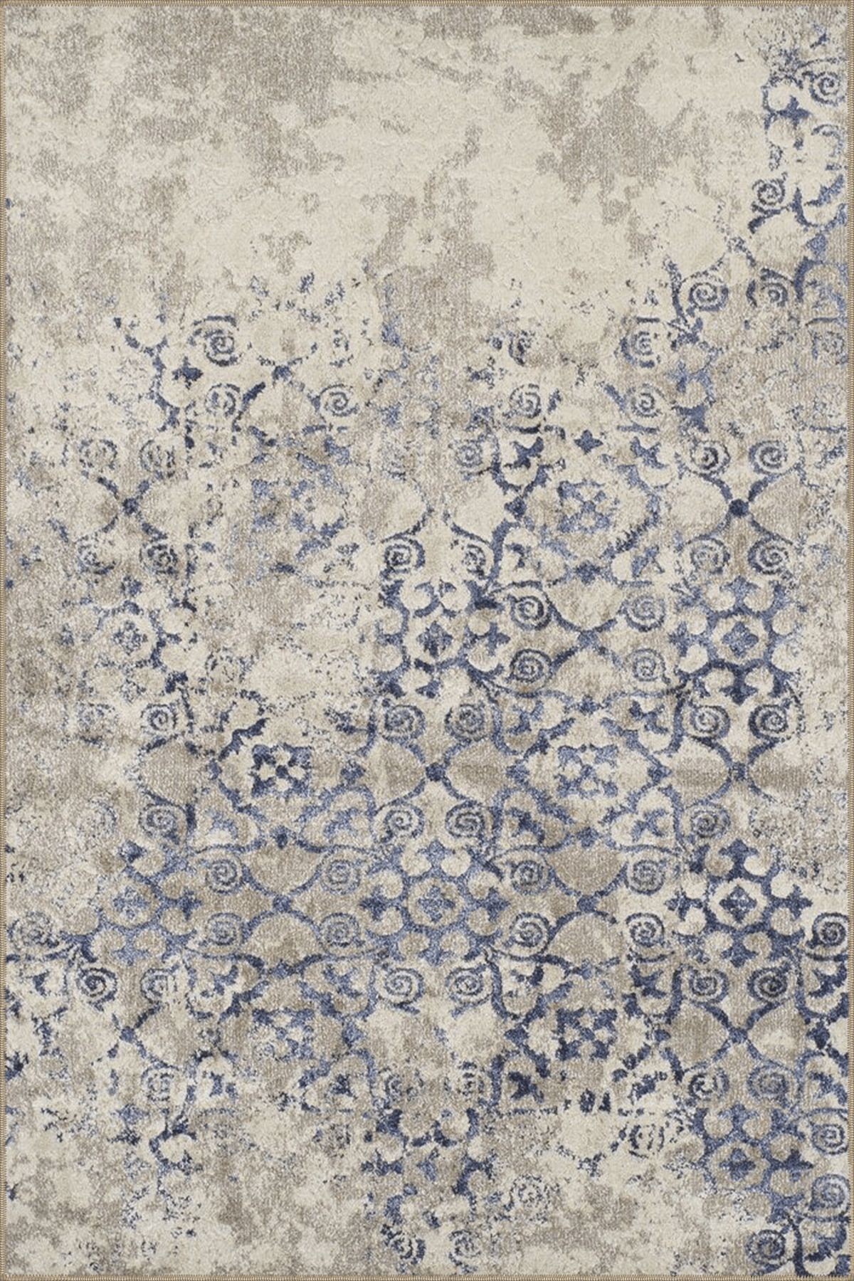 Bej Mavi Temalı Soyut Etnik Motif Desenli Vintage Dekoratif Halı 4916