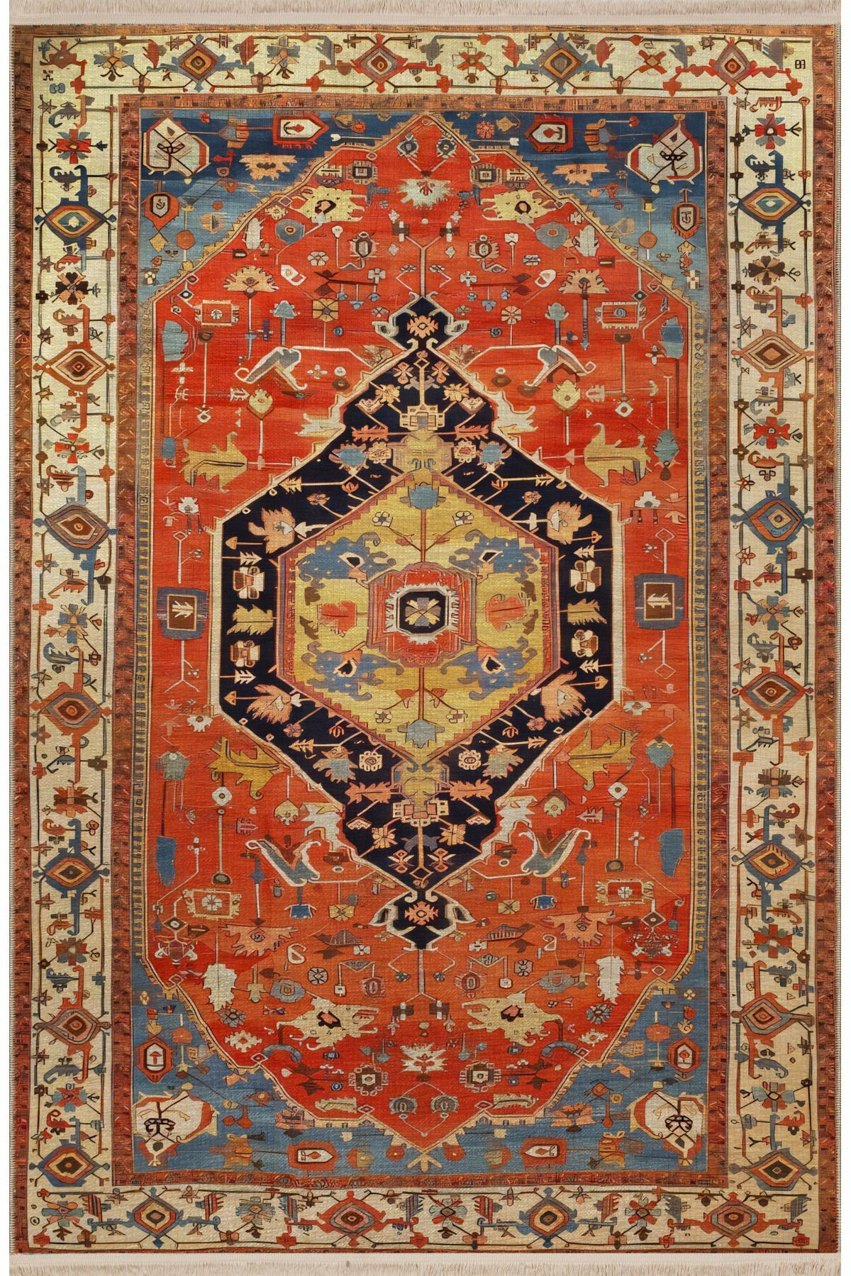 Turuncu Temalı Çok Renkli Geleneksel Motif Etnik Desenli Vintage Dekoratif Halı 2405