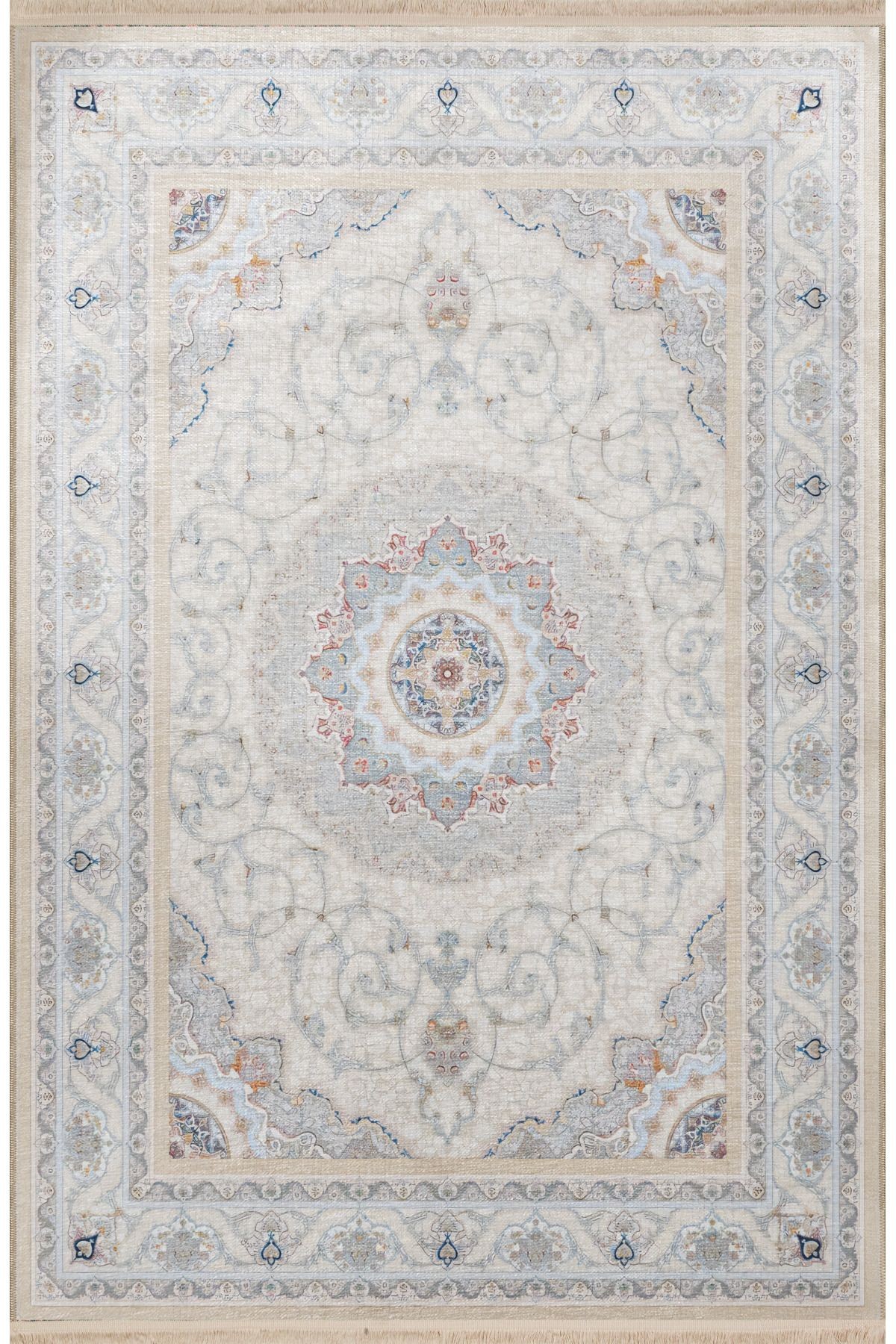 Bej Gri Temalı Geleneksel Motif Etnik Desenli Kreatif Vintage Dekoratif Halı 2580