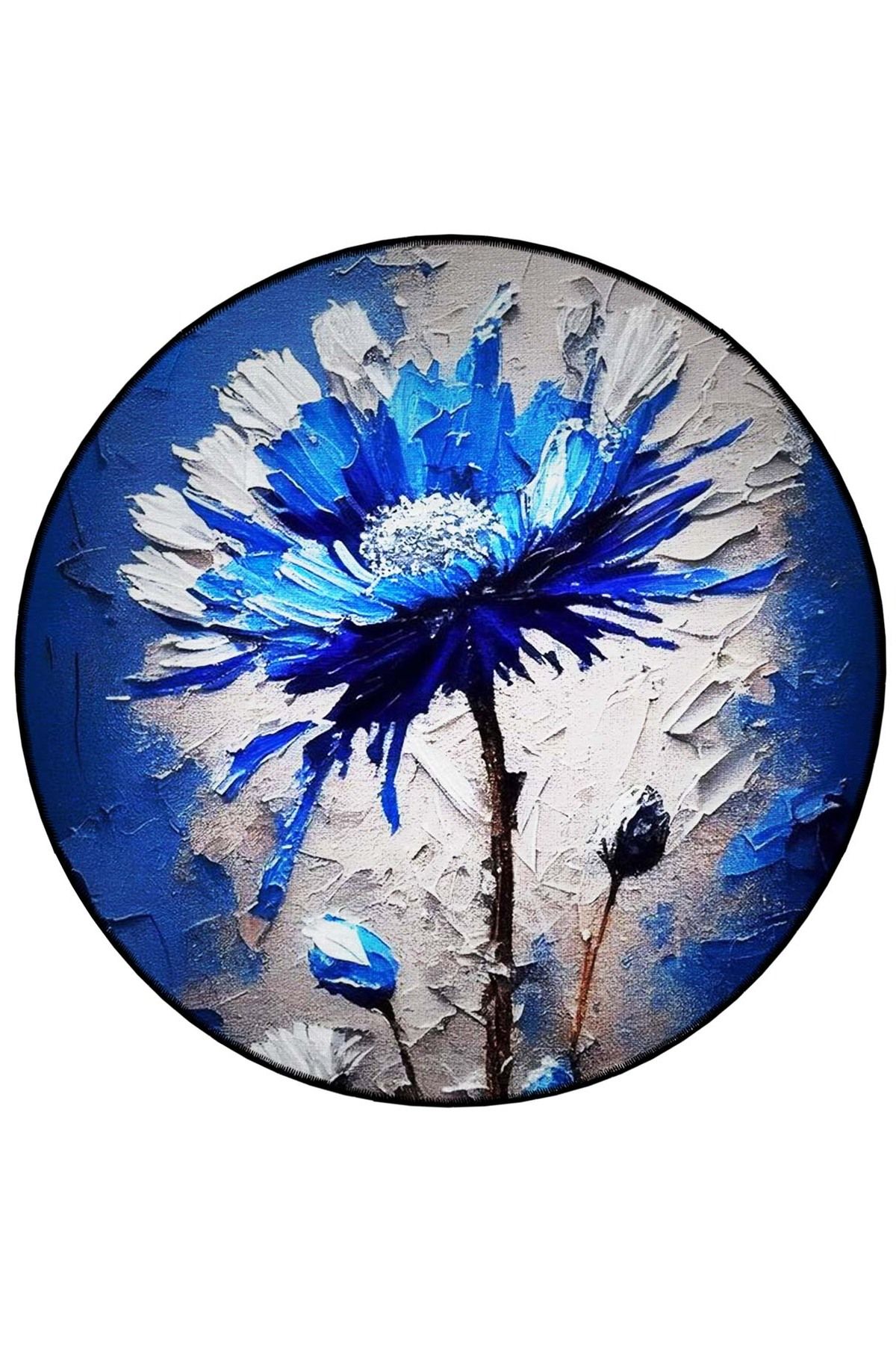 Mira Yuvarlak Mavi Beyaz Yağlı Boya Görünümlü Dokuma Taban Modern Dekoratif Halı mirayuvarlak5827