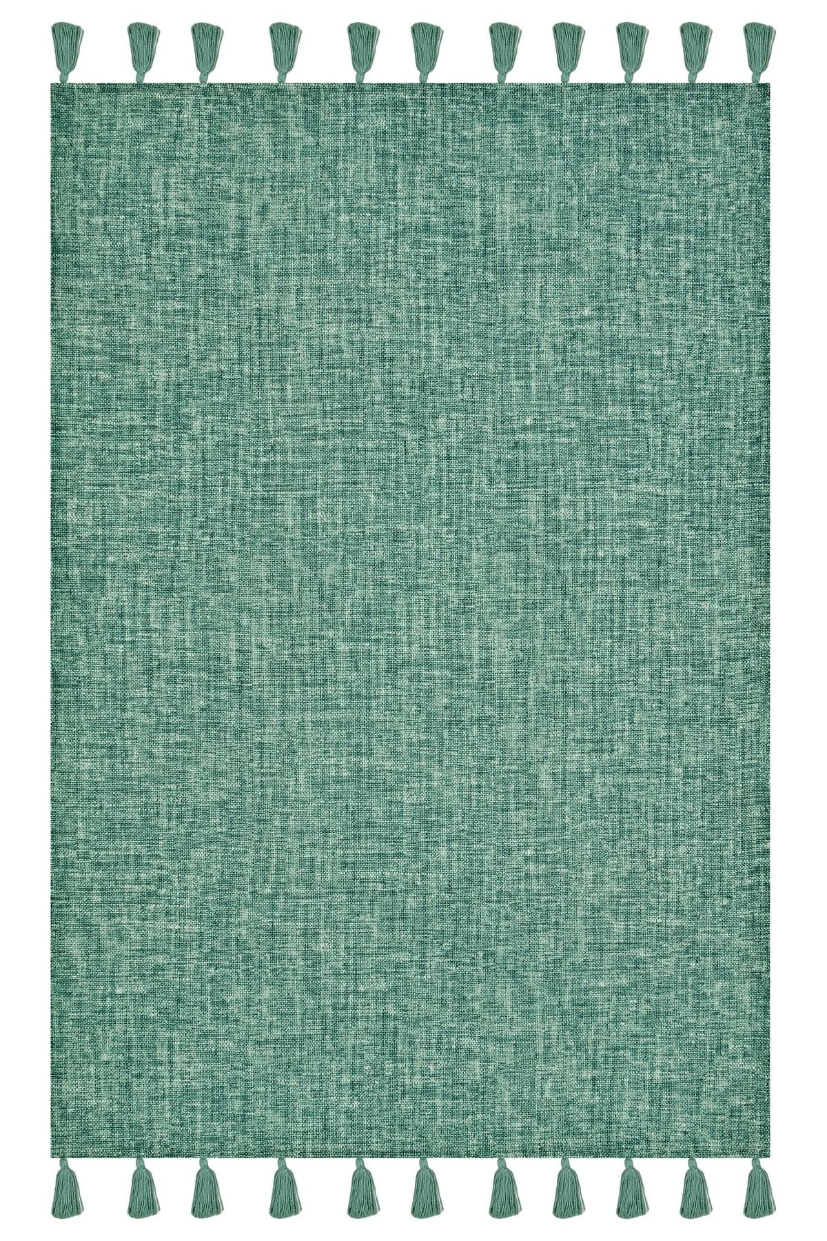 Moroccan 9006 Yeşil Hasır Görünüm Yeşil Püsküllü Modern Kilim