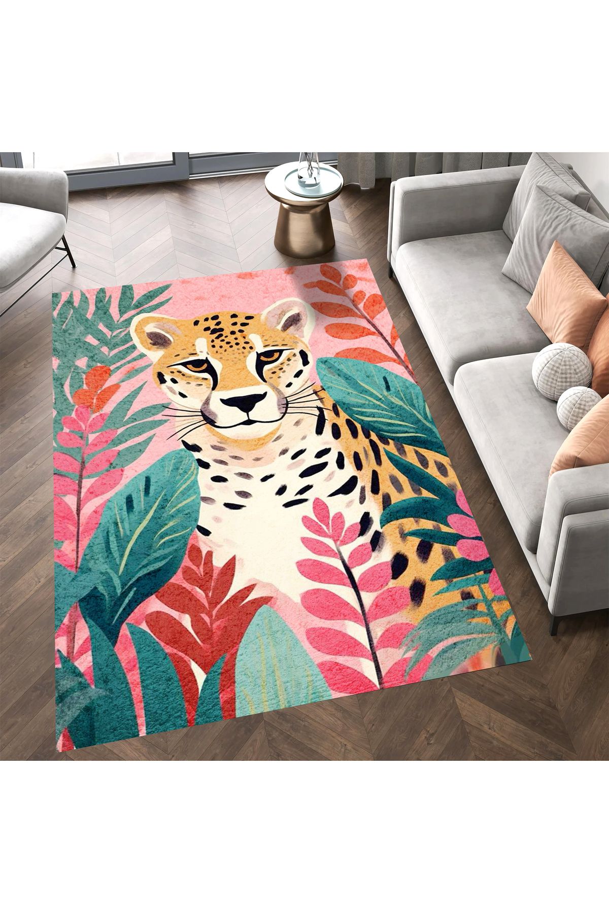 Kuzey Koleksiyonu Çok Renkli Yapraklar ve Leopar Desenli Dokuma Taban Modern Dekoratif Halı kuzey25