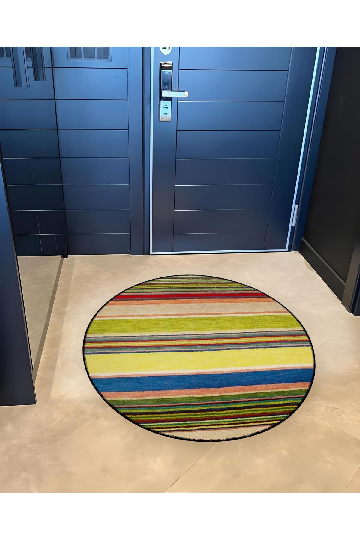 Çok Renkli Şerit Çizgli Desenli Yuvarlak Dokuma Taban Modern Dekoratif Halı 6135