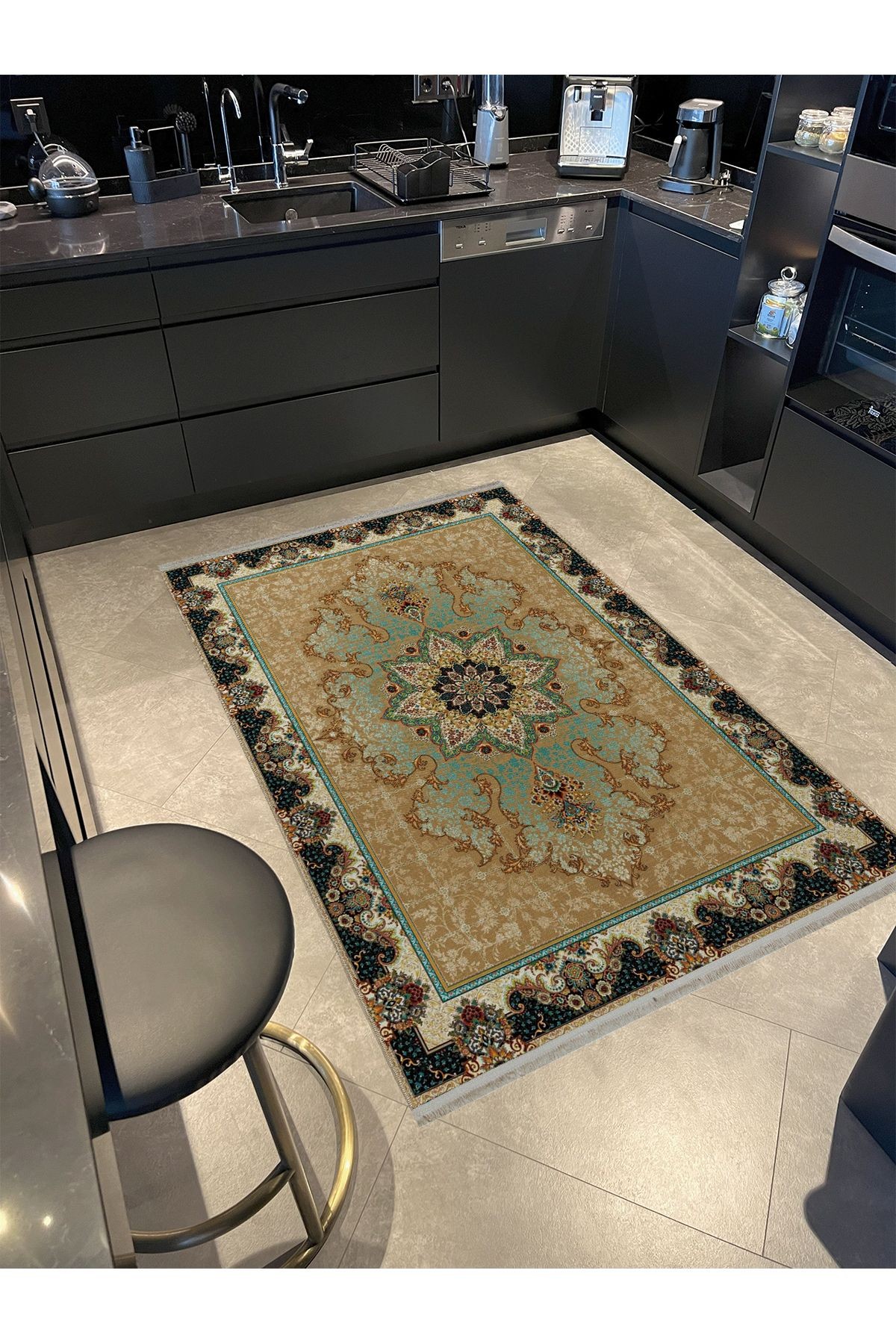 Yeşil Bordür Detaylı Bej Tonlarda Antik Tasarım Serisi Desenli Dekoratif Halı antik118
