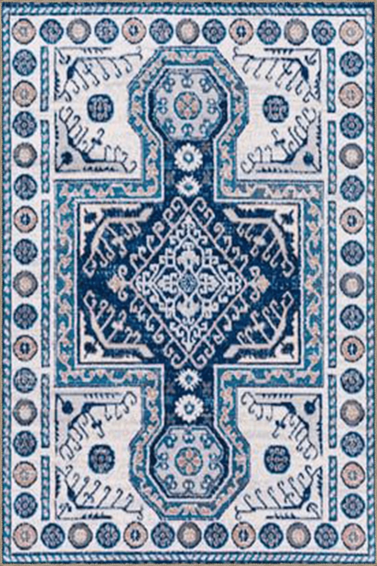 Lacivert Bej Temalı Motifli Etnik Figür Desenli Vintage Dekoratif Halı 5009