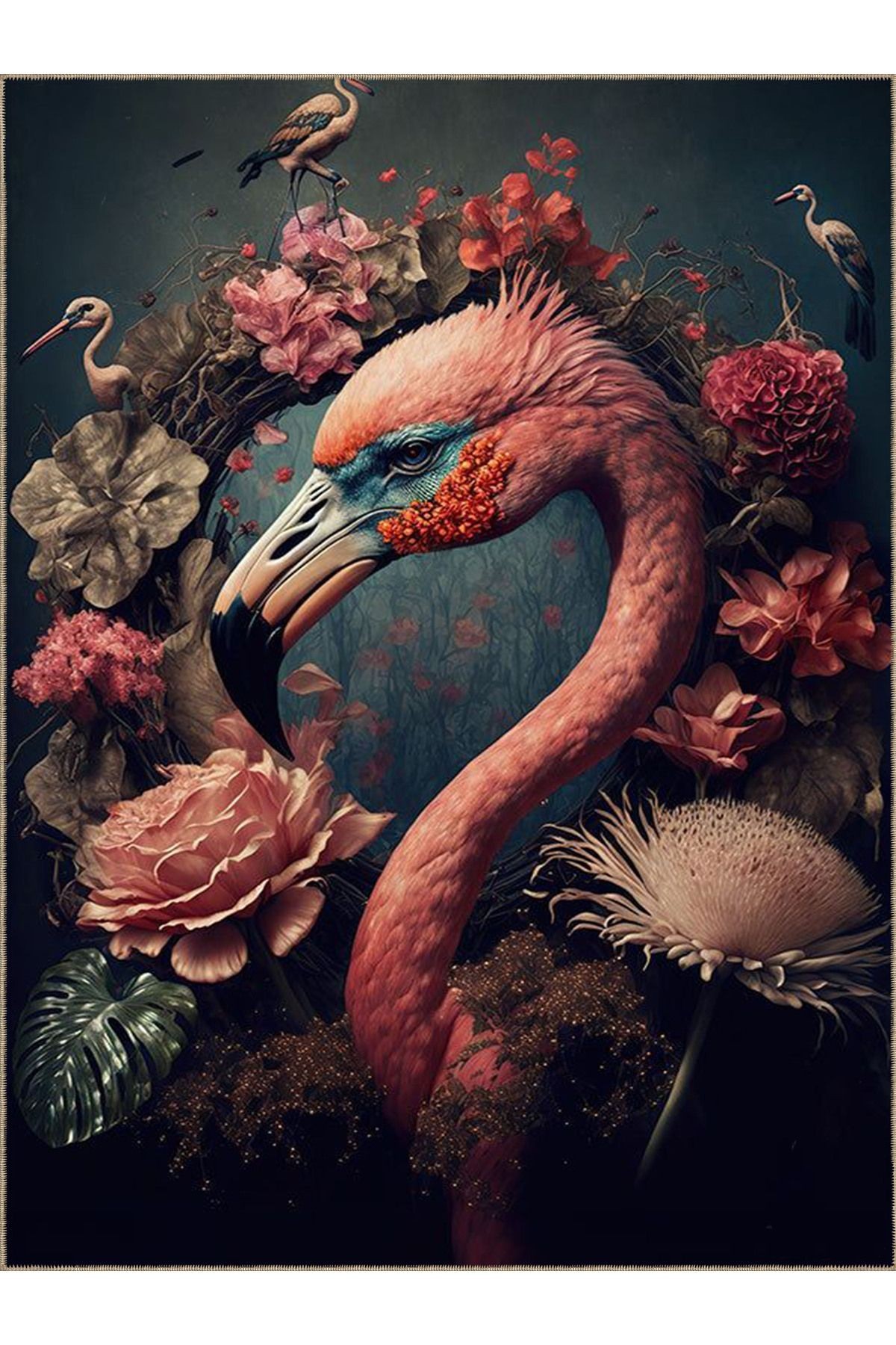 Emre Koleksiyonu Sürrealist Tema Flamingo ve Çiçekler Desenli Dokuma Taban Modern Dekoratif Halı 34