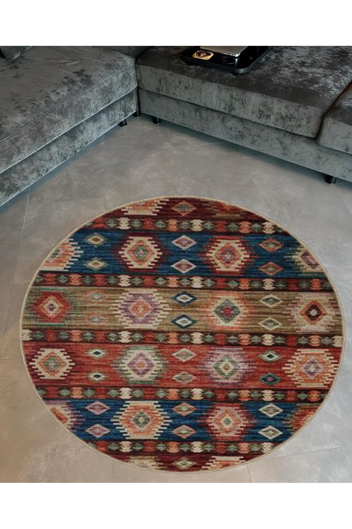 Çok Renkli Etnik Motifli Geleneksel Desenli Yuvarlak Dokuma Taban Vintage Dekoratif Halı 6059