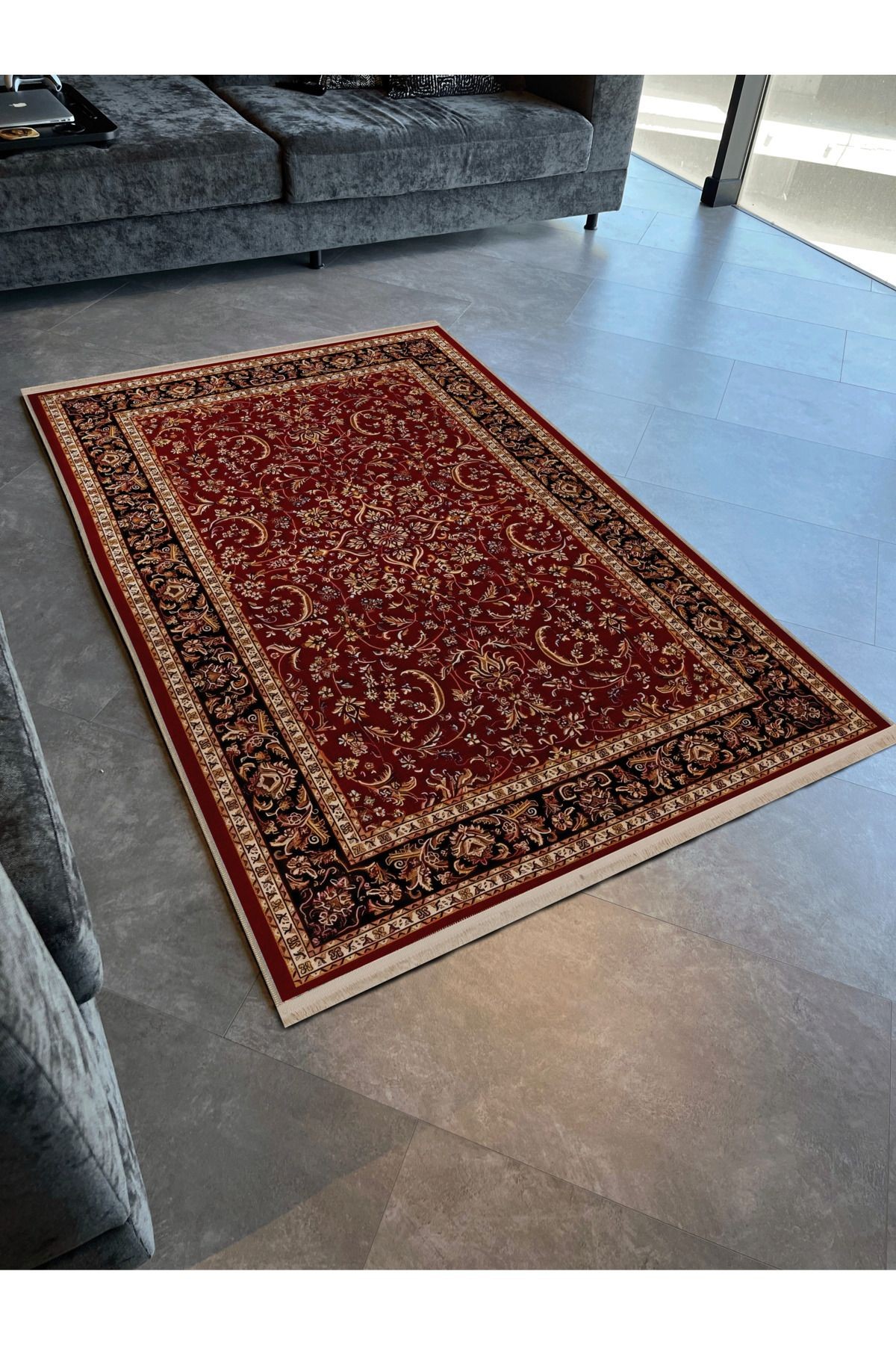Bordo Siyah Temalı Geleneksel Motif Etnik Desenli Kreatif Vintage Dekoratif Halı 2545