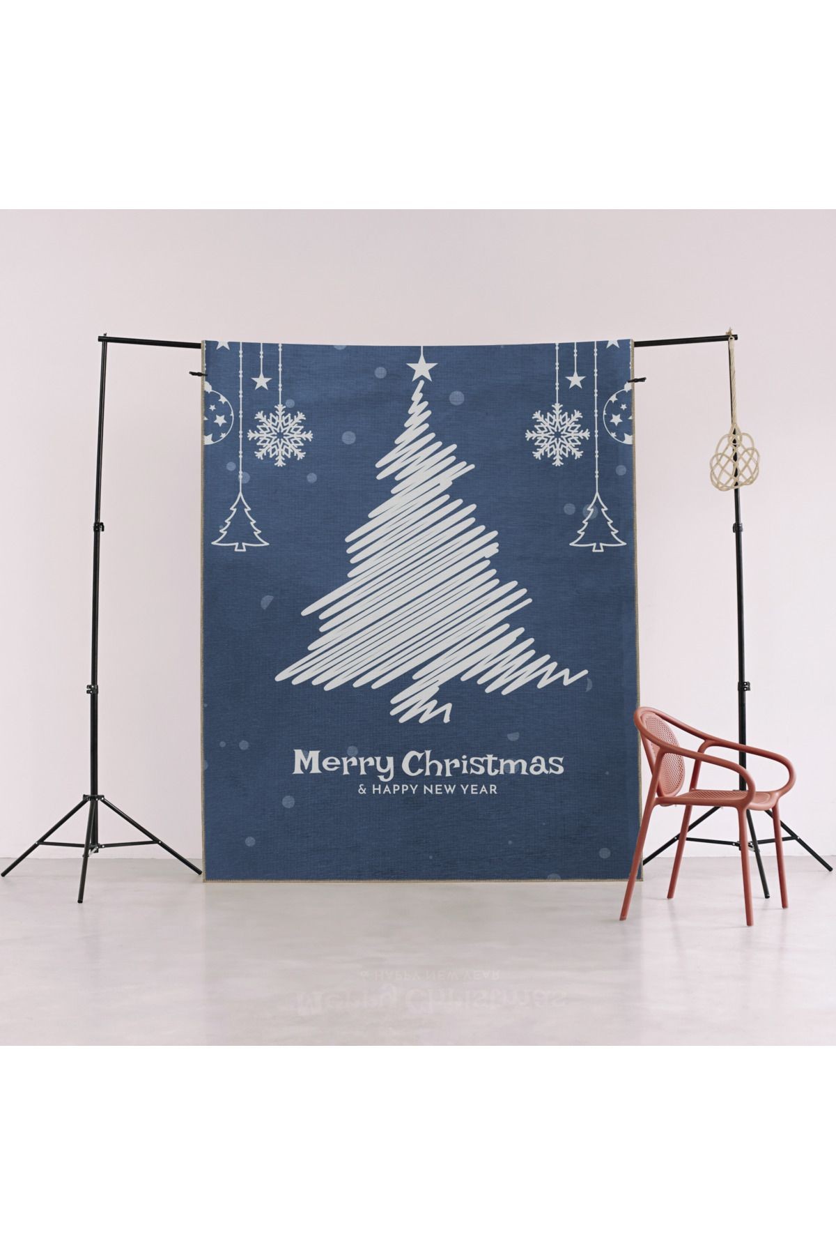 Mavi Yılbaşı Temalı Merry Christmas Yazılı Karma Ağaç Süs Desenli Kreatif Modern Dekoratif Halı 2233
