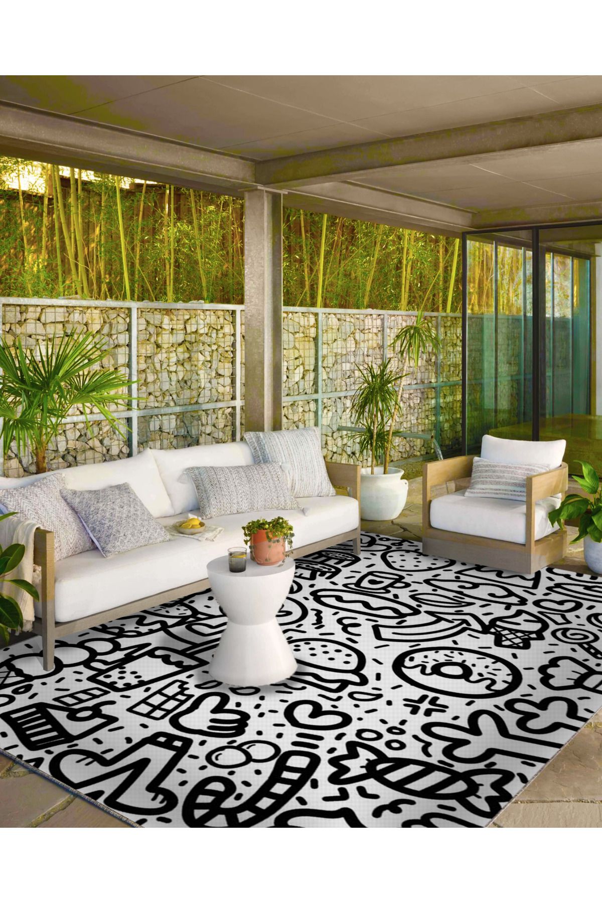 Siyah Beyaz Temalı Geometrik Desenli Dokuma Taban Halı ve Yıkanabilir Halı miravip10078