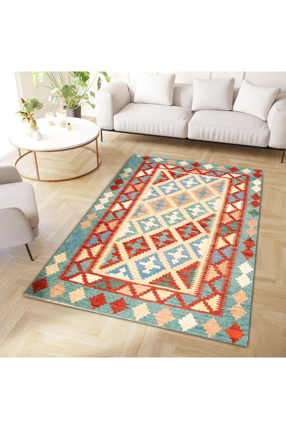 Aysu Koleksiyonu Çok Renkli Etnik Desenli Dokuma Taban Modern Dekoratif Halı aysu33