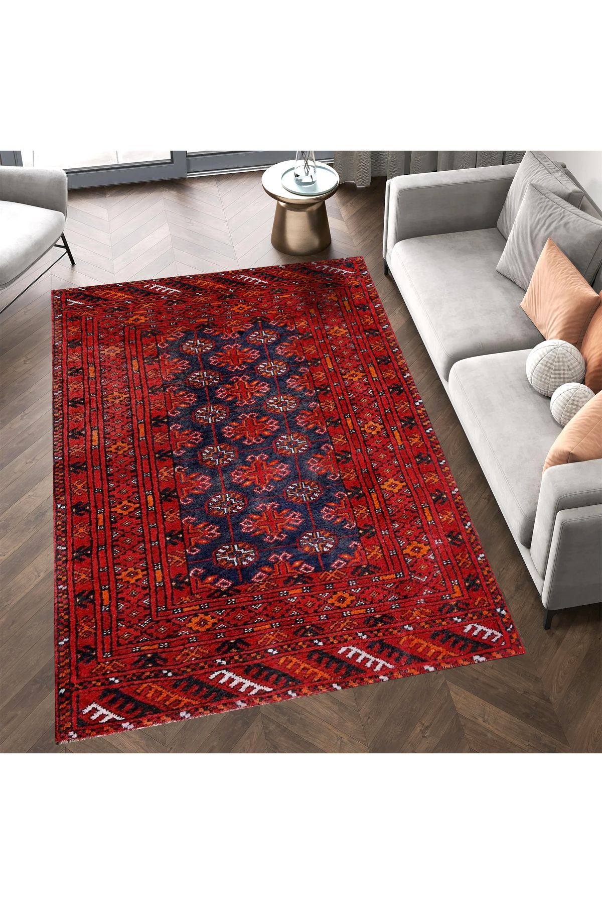 Mete Koleksiyonu Lacivert ve Bordo Temalı Geleneksel Motifler Desenli Vintage Dekoratif Halı 16