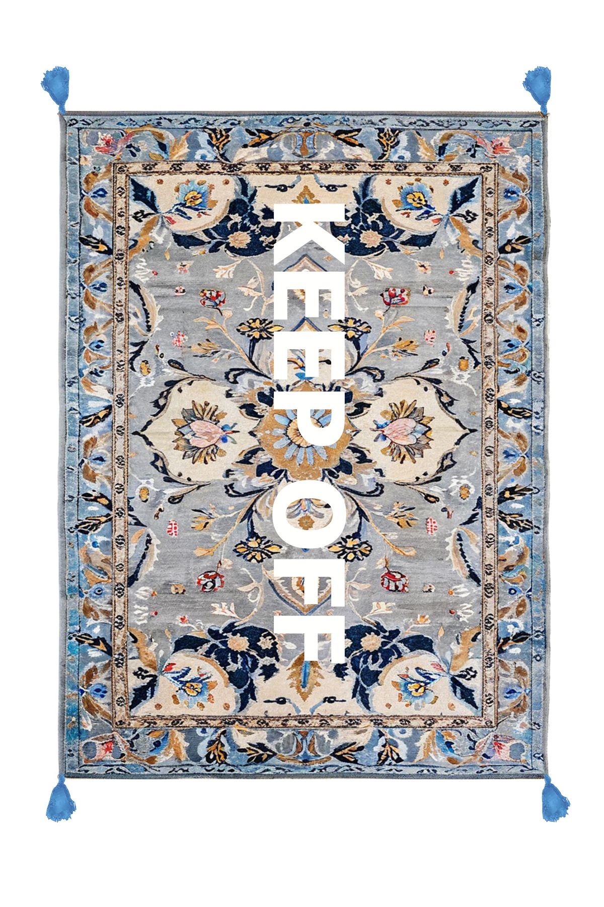 Tokyo Koleksiyonu Gri Mavi Ton Keep Off Yazılı Floral Desenli Dokuma Taban Vintage Dekoratif Halı 24