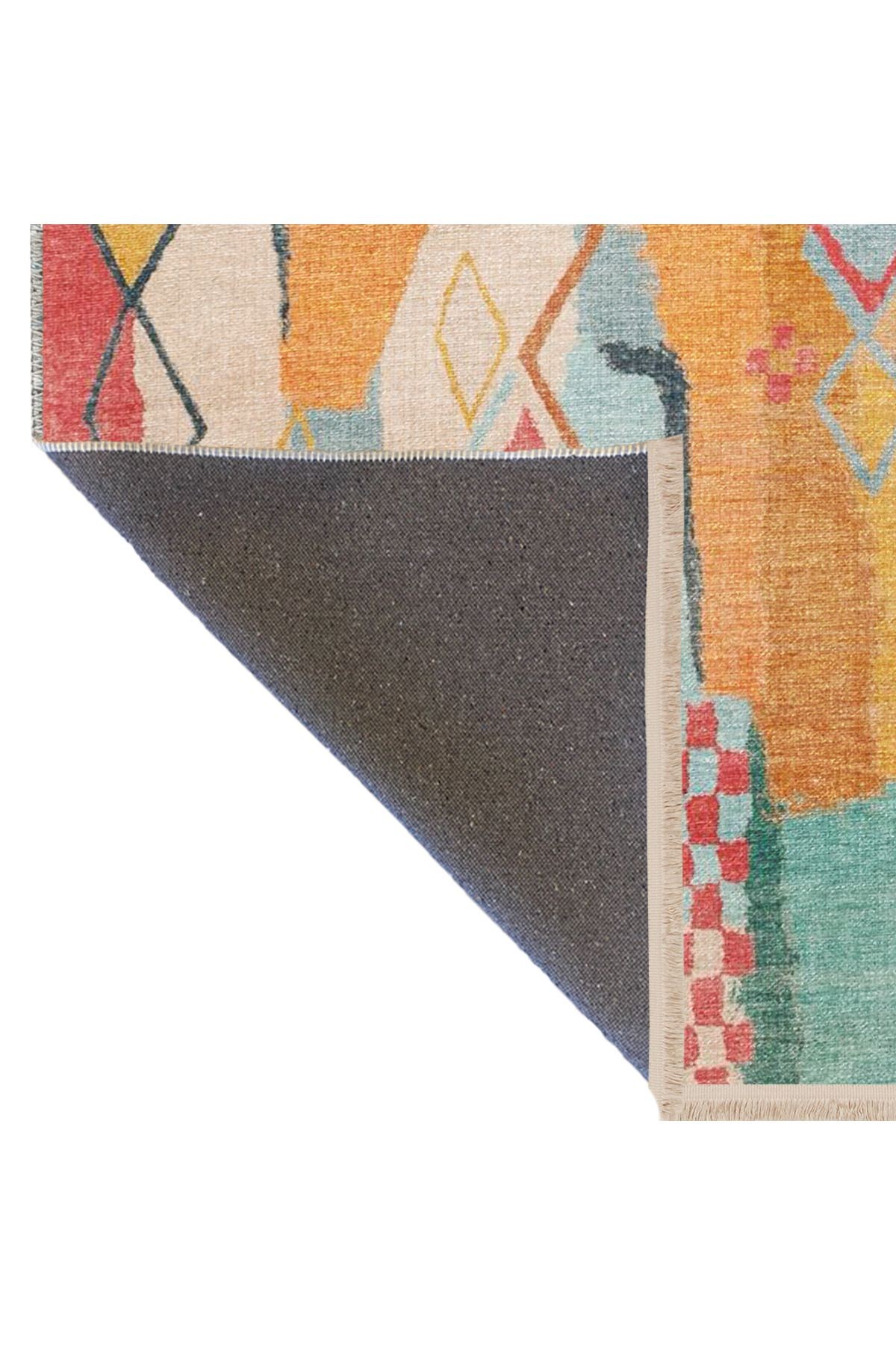 Çok Renkli Karma Motifli Geometrik Desenli Saçaklı Vintage Dekoratif Halı 3282