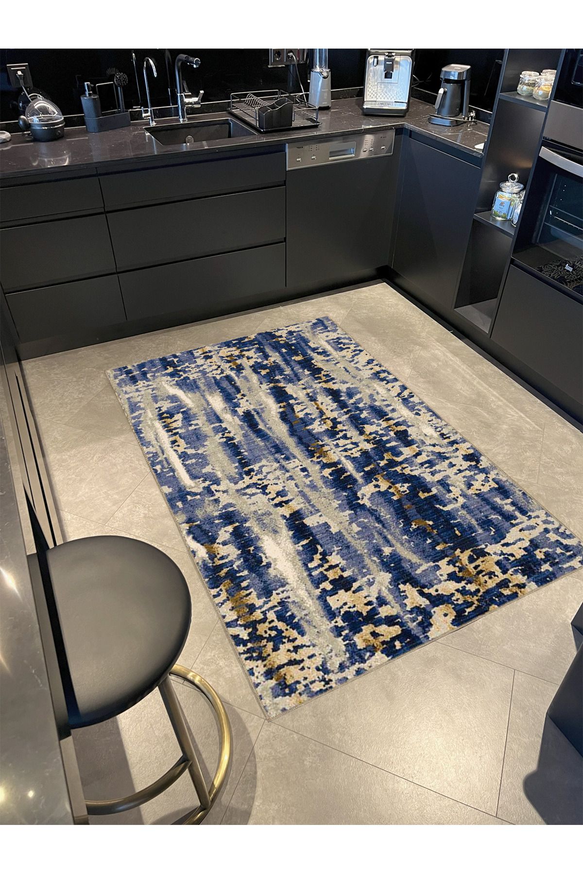 Mavi Temalı Abstract Soyut Desenli Kreatif Modern Dekoratif Halı 4606