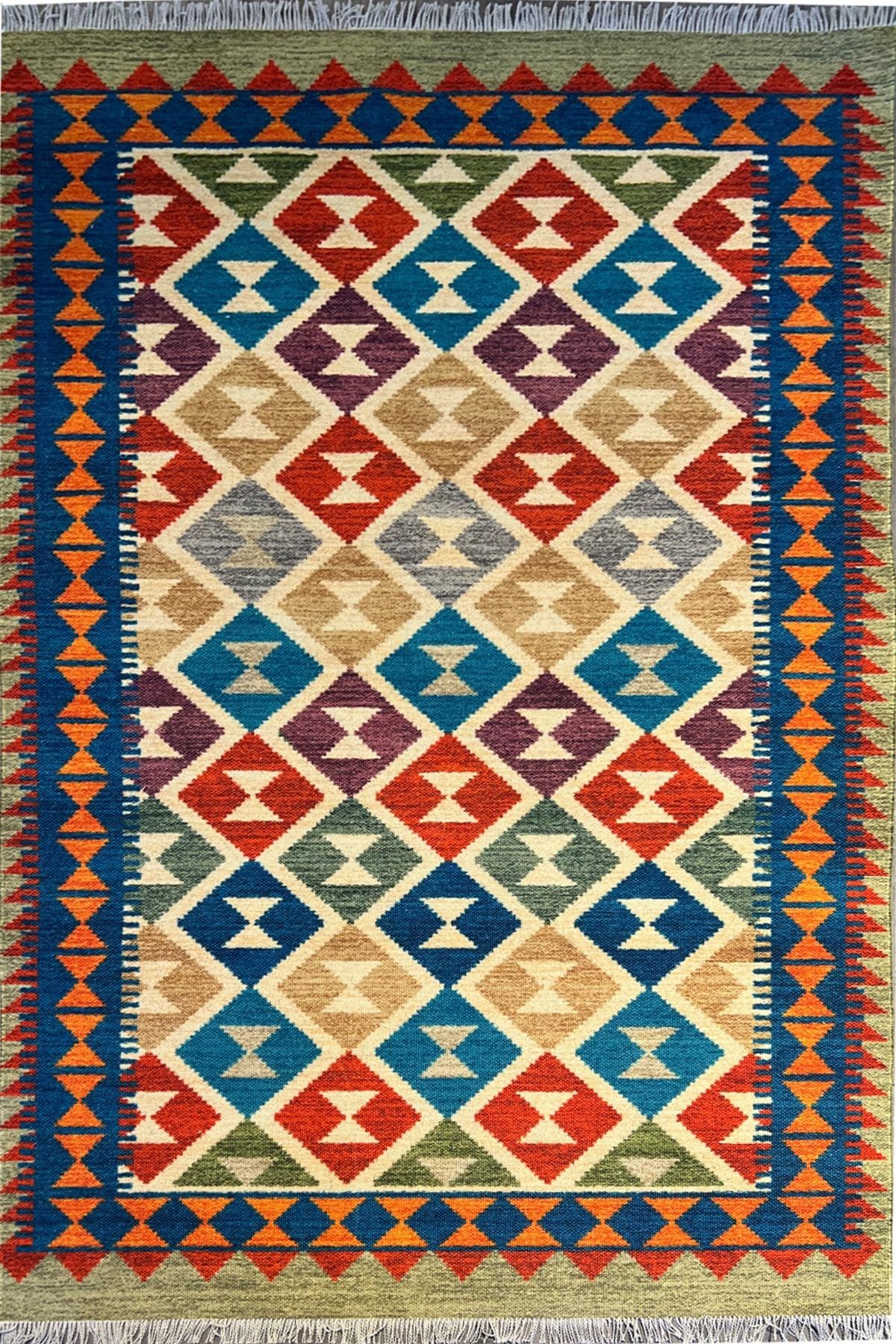 Cotton 561 Etnik Eskitme Desenli Dokuma Taban Çok Renkli Kilim