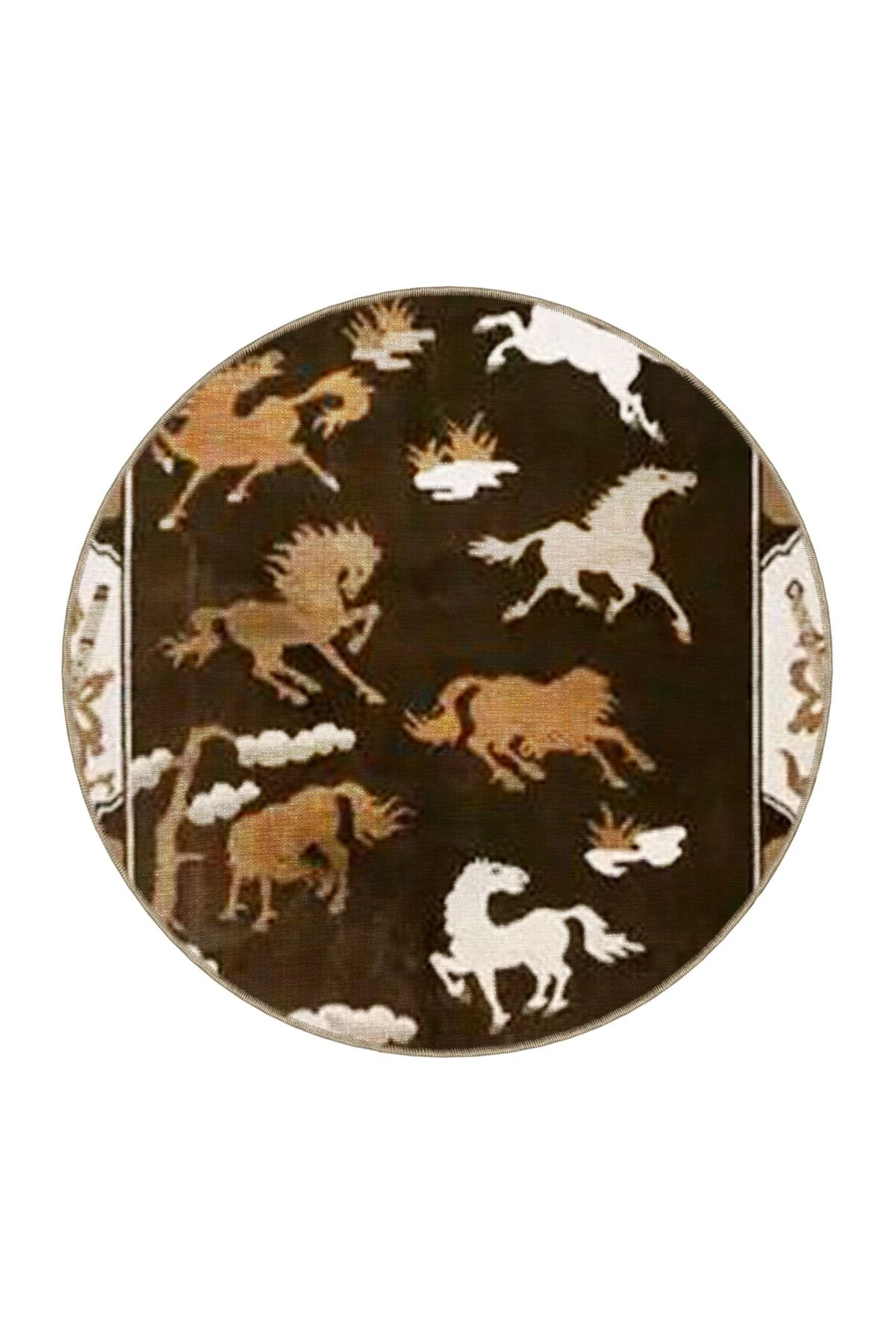 Kahverengi Temalı Asil At Desenli Vintage Dekoratif Halı 3461