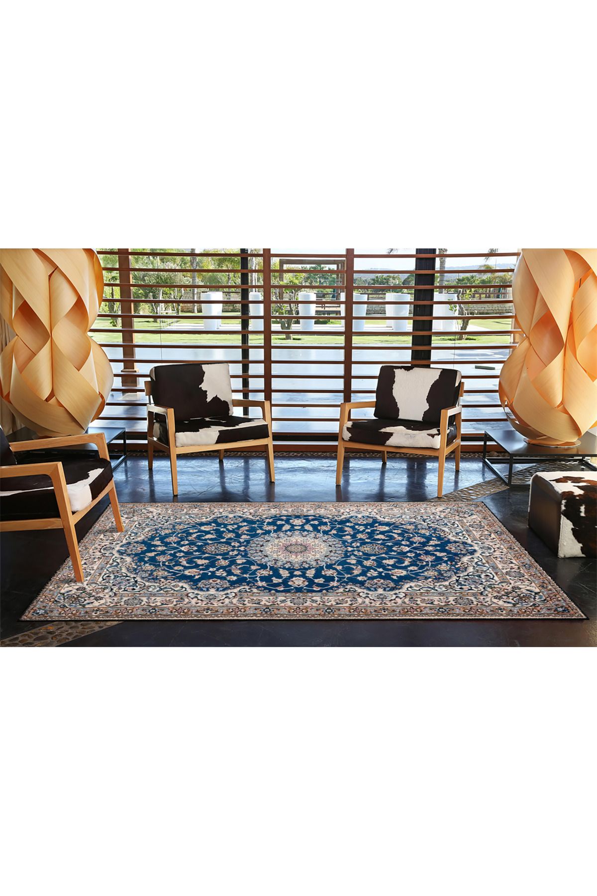 Mavi Gri Renkli Geometrik Geleneksel Düğümlü Modern Desenli Dokuma Taban ve Dekoratif Halı miravip87