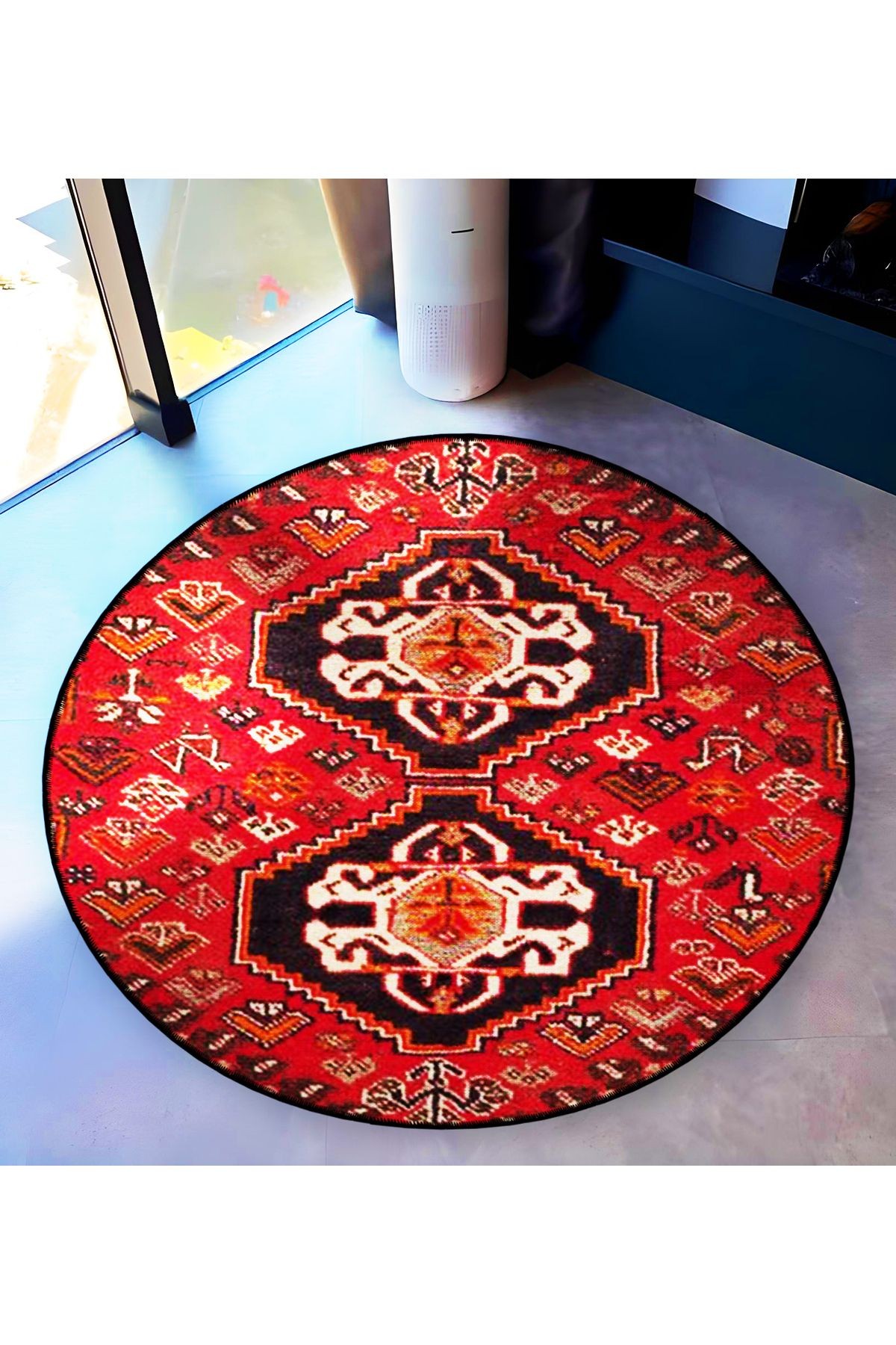 Kırmızı Temalı Geleneksel Motif Desenli Yuvarlak Dokuma Taban Vintage Dekoratif Halı 6220