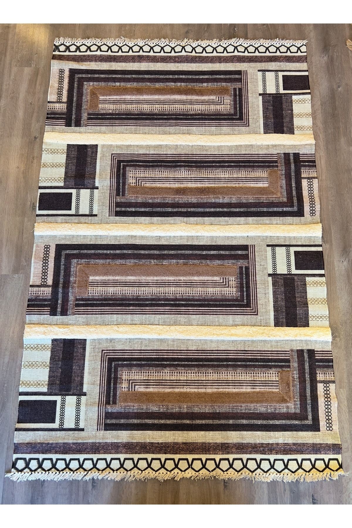 Rustik 4045 Acı Kahve Siyah Gri Saçaklı Desenli Kilim