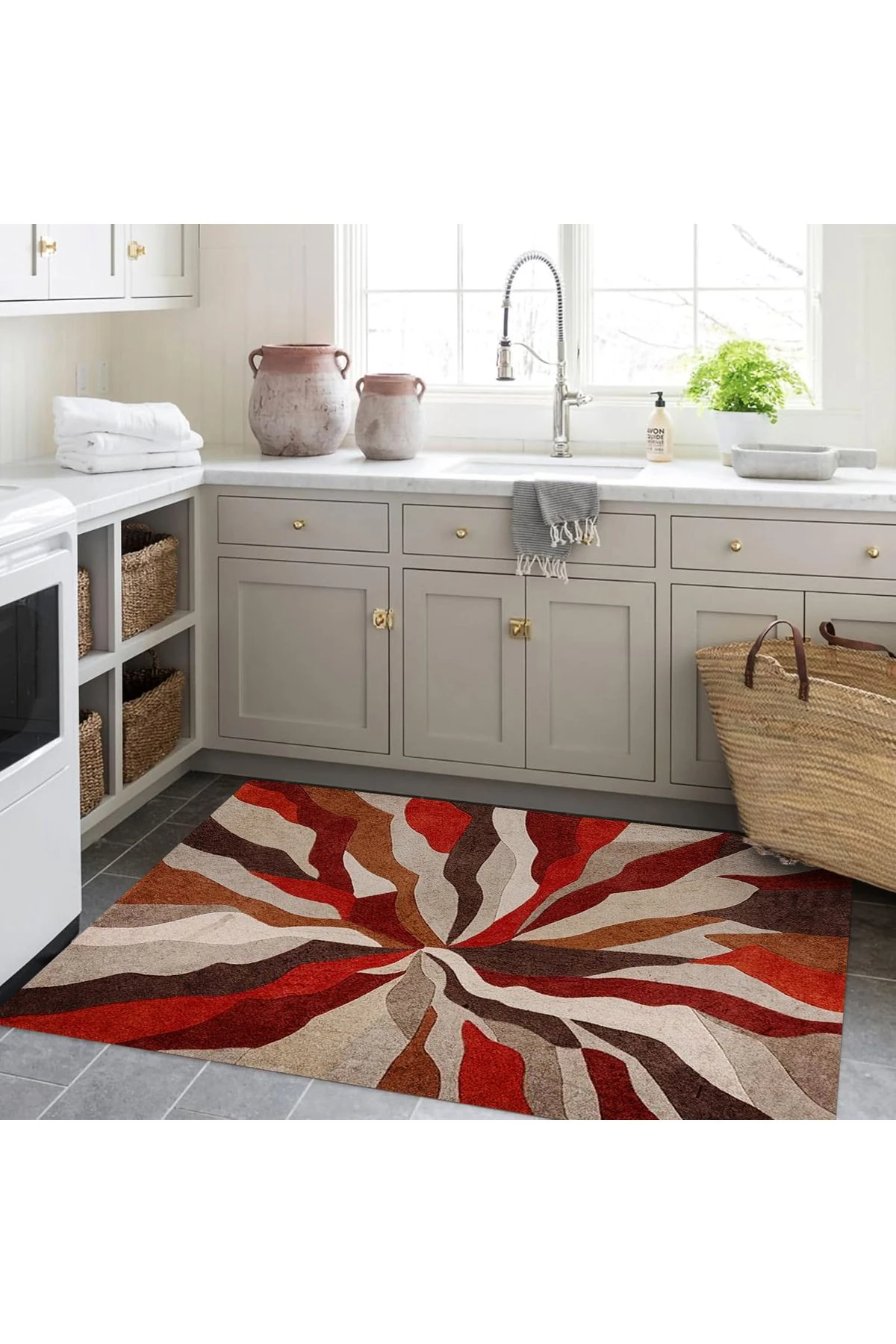 Kuzey Koleksiyonu Kırmızı Bej Soyut Desenli Dokuma Taban Dekoratif Halı kuzey07