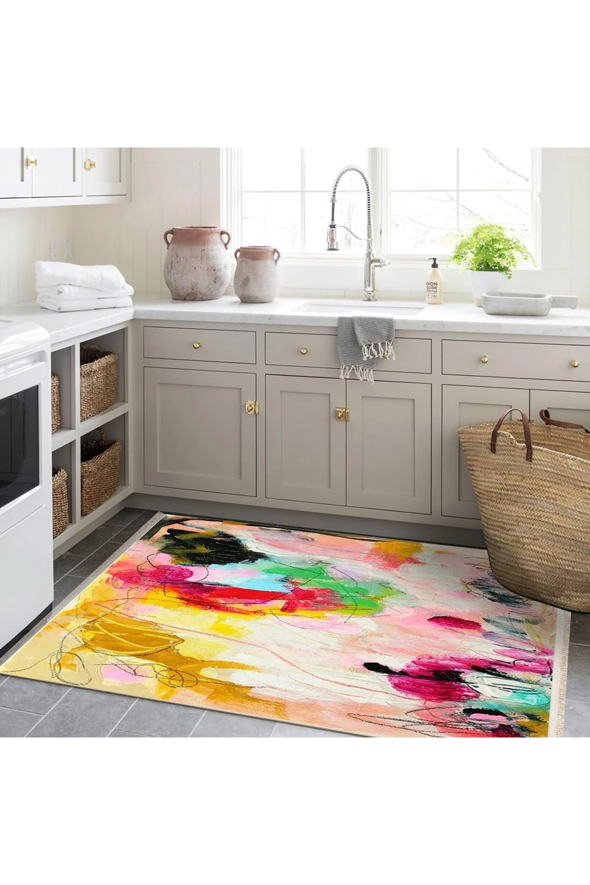 Özge Koleksiyonu Yağlı Boya Görünümlü Çok Renkli Soyut Desenli Dokuma Taban Dekoratif Halı özge19