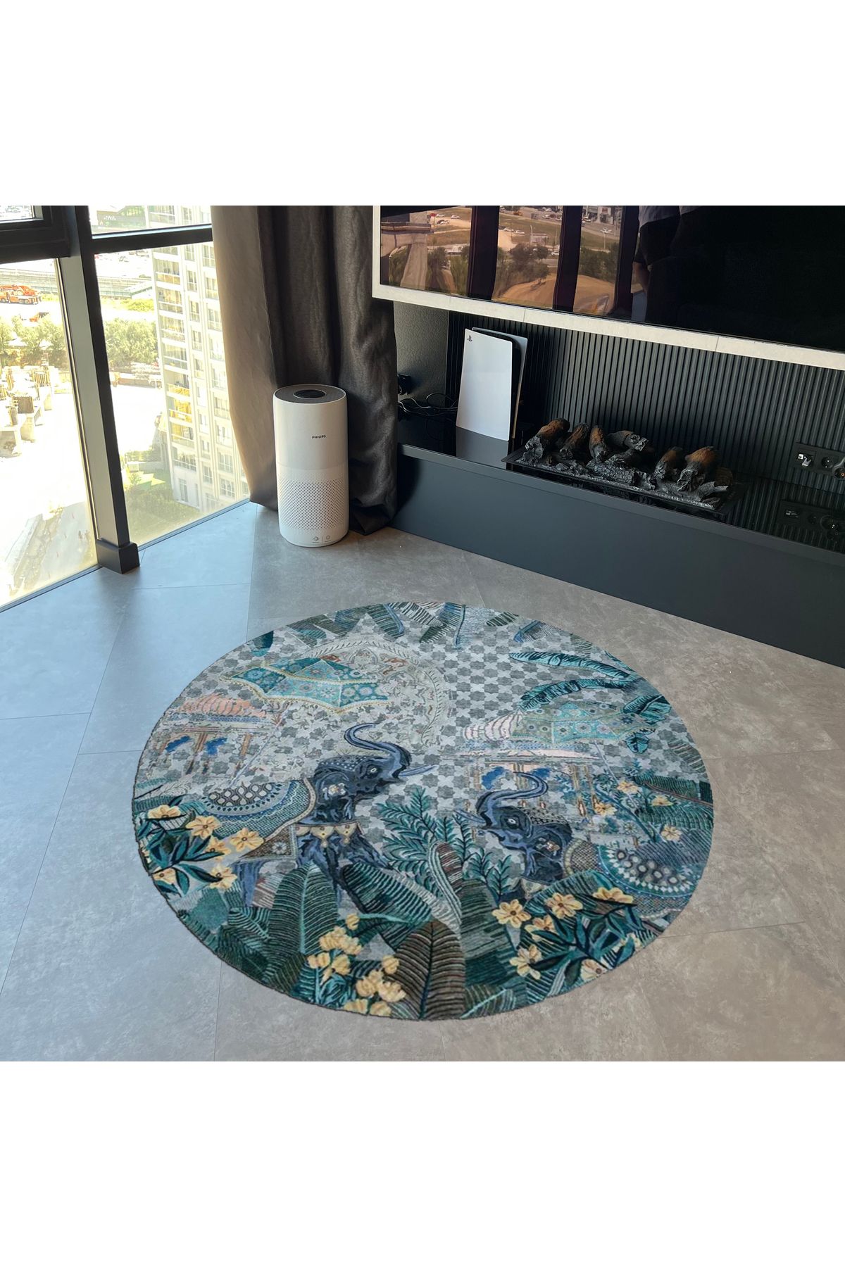 Mavi Tropikal Fil Figürlü Dokuma Taban Yuvarlak Dekoratif Halı 1742