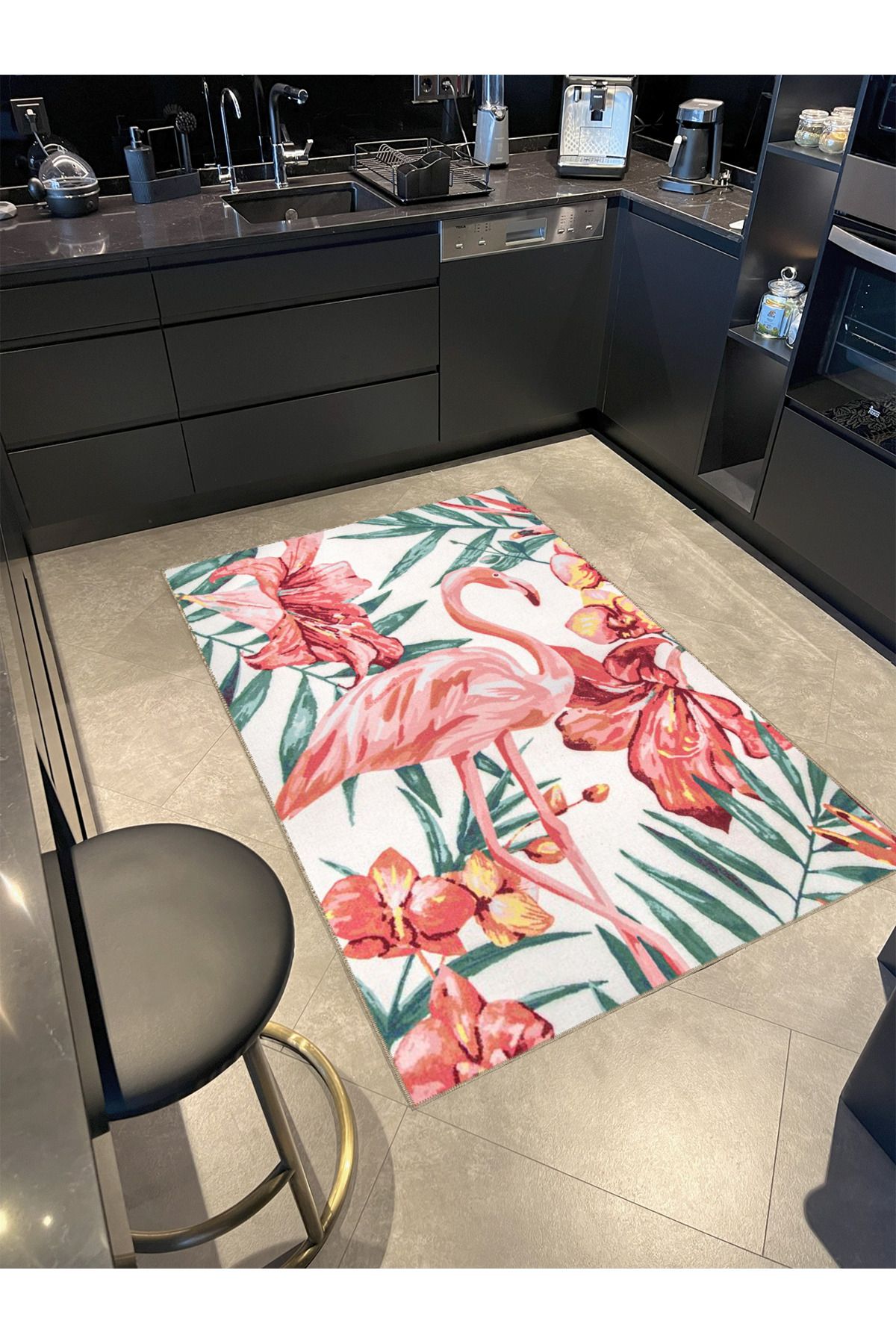 Pembe Yeşil Temalı Çiçek ve Flamingo Desenli Kreatif Modern Dekoratif Halı 3870