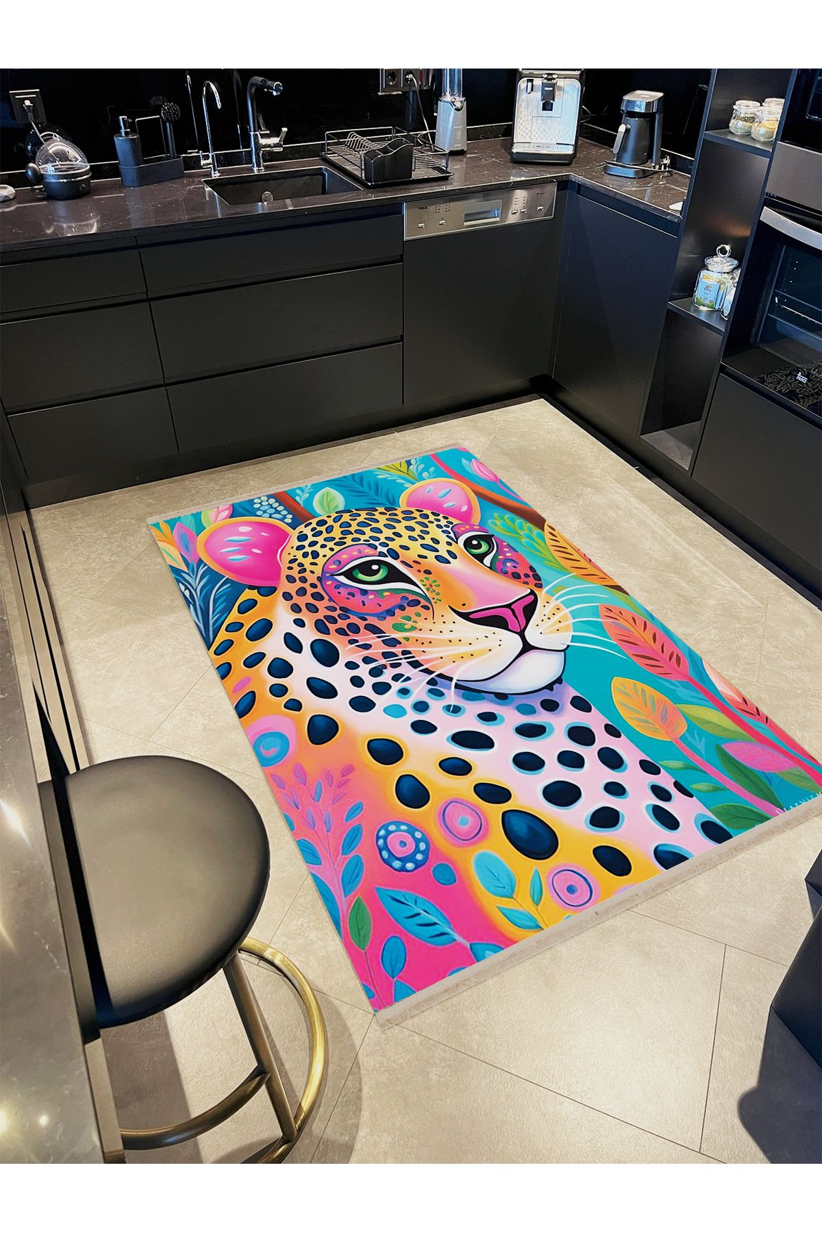 Özge Koleksiyonu Çok Renkli Yeşil Gözlü Kaplan Desenli Dokuma Taban Modern Dekoratif Halı özge45