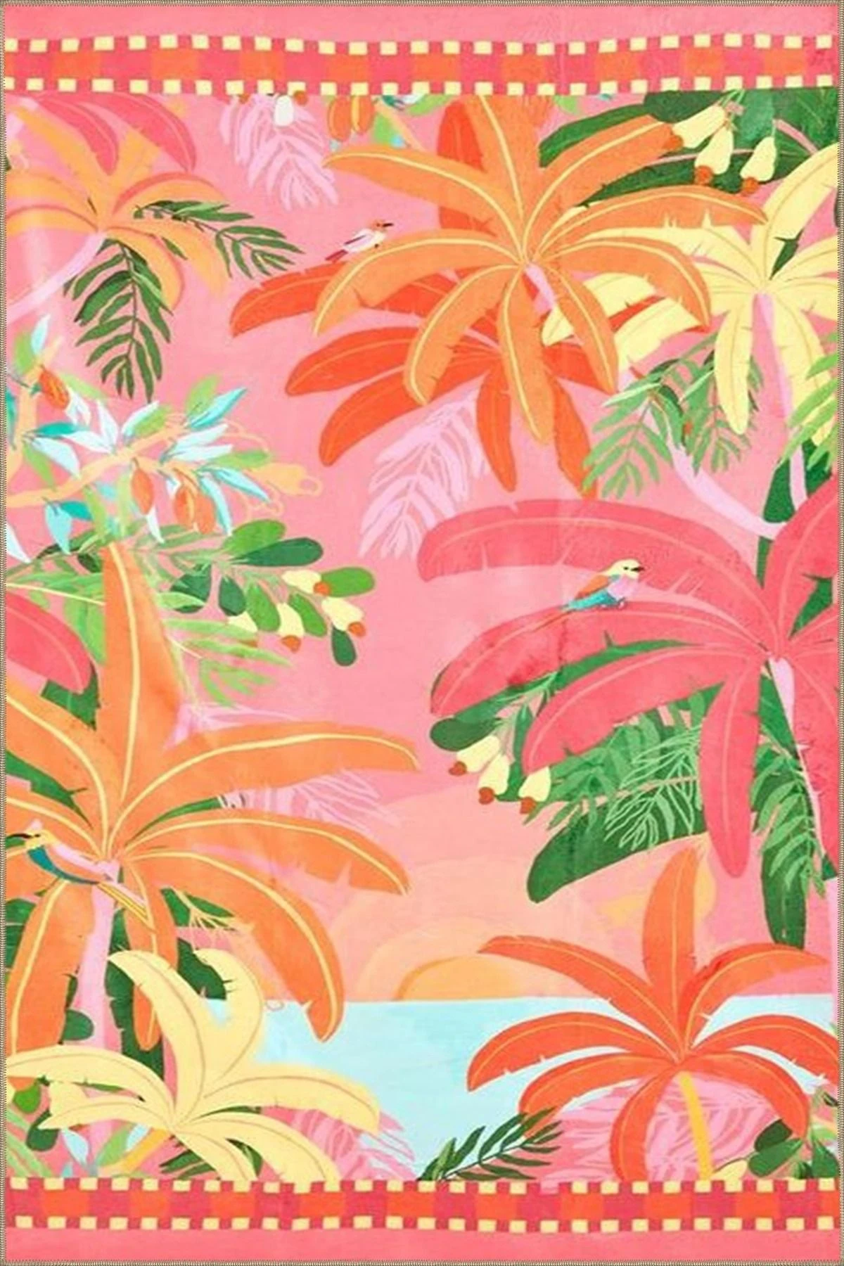 Pembe Renk Temalı Palmiye ve Deniz Desenli Halı 3727