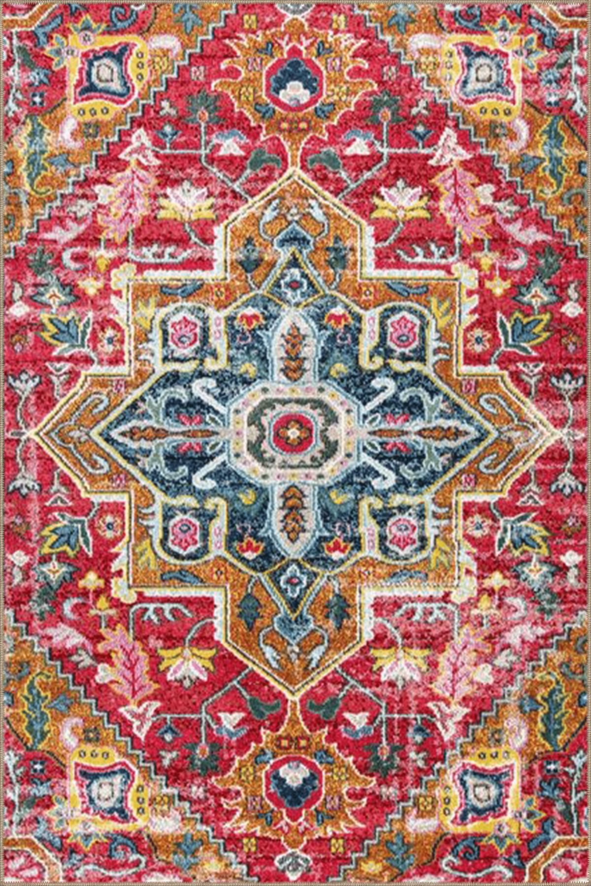 Pembe Temalı Çok Renkli Geleneksel Motif Desenli Vintage Dekoratif Halı 3596