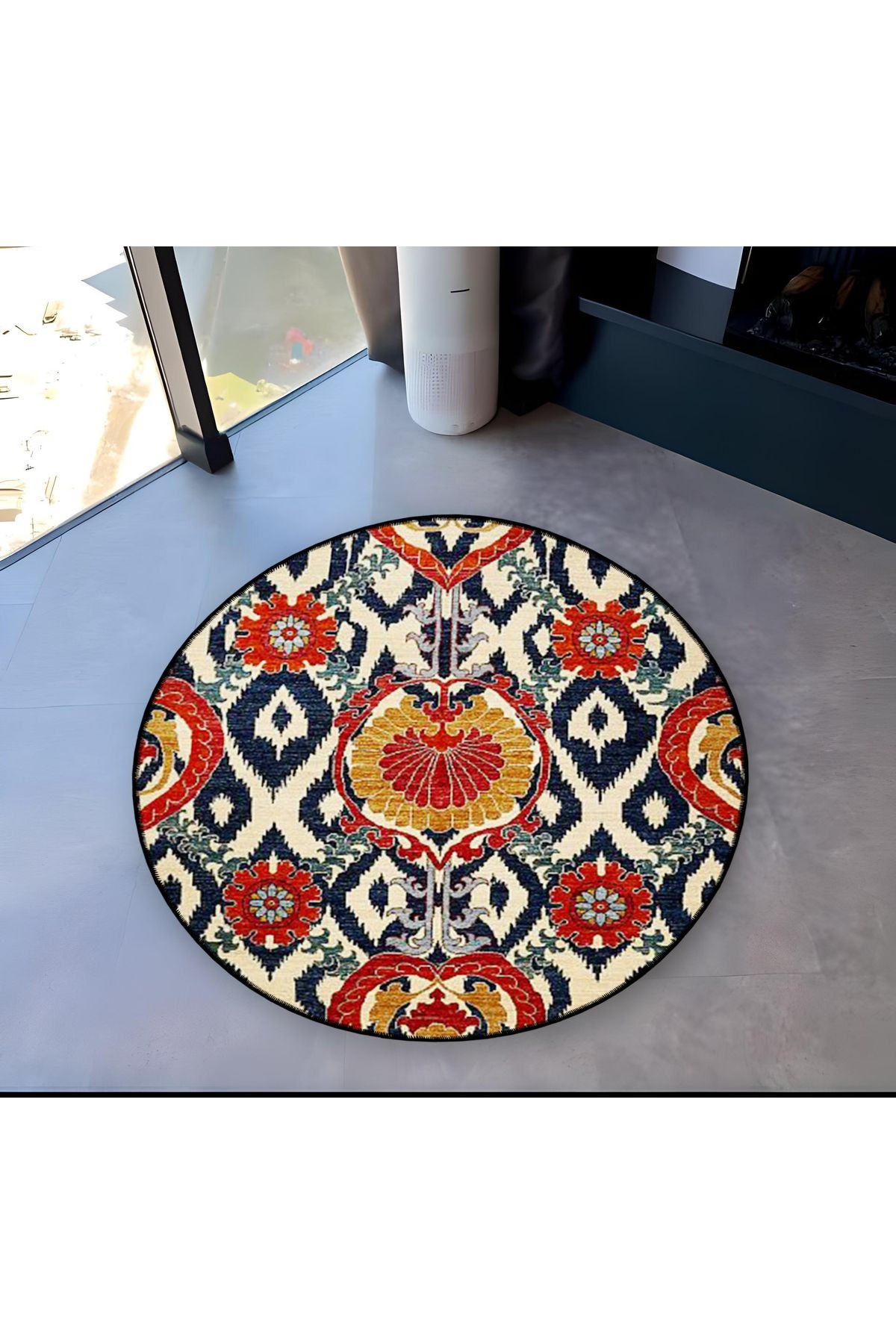 Çok Renkli Motifli Geleneksel Desenli Yuvarlak Dokuma Taban Vintage Dekoratif Halı 6104