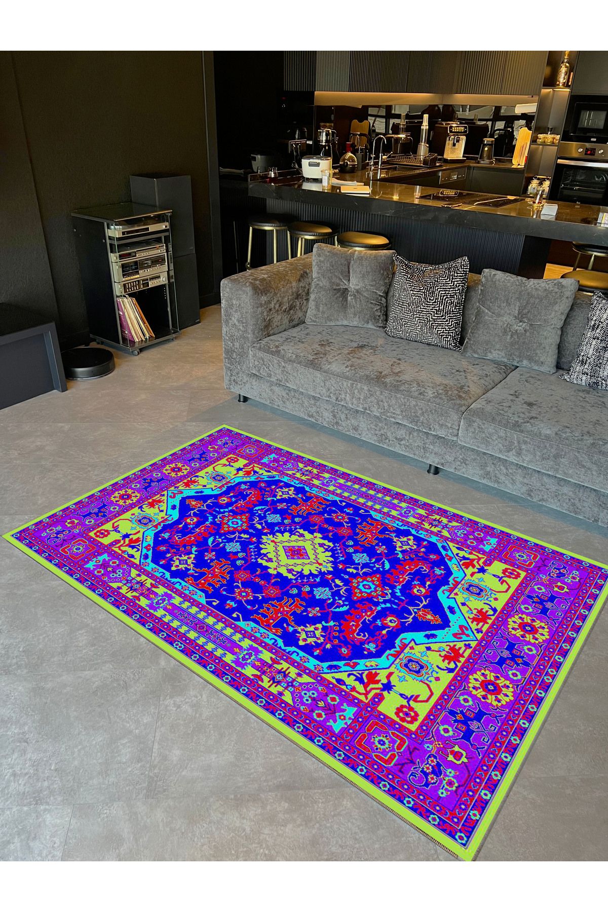 Aynur Koleksiyonu Mor Temalı Yeşil Mavi Desenli Dokuma Taban Dekoratif Halı aynur53