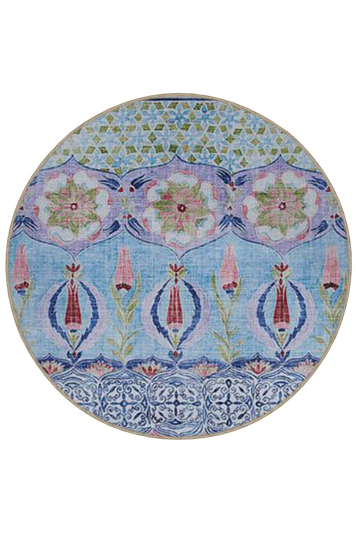 Mavi Temalı Geleneksel Motif Desenli Yuvarlak Dokuma Taban Vintage Dekoratif Halı 6060