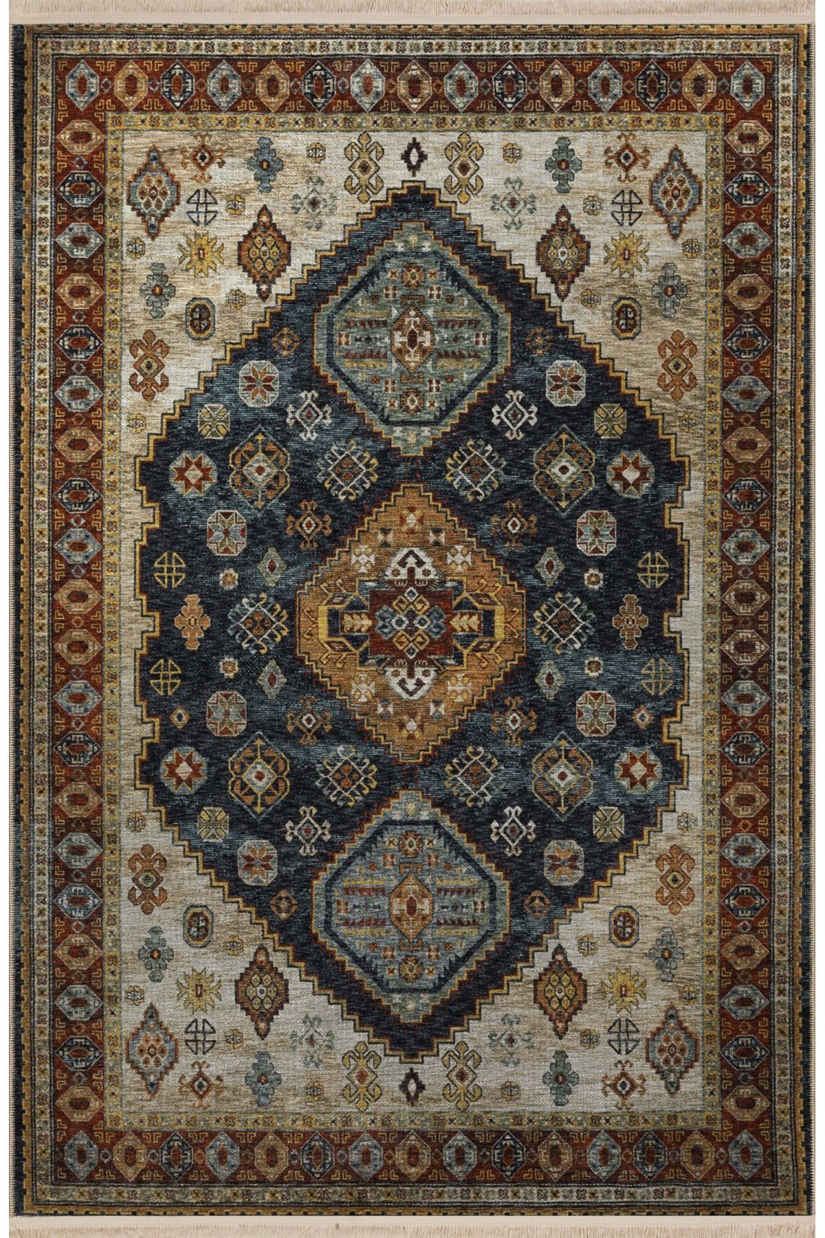 Koyu Mavi Sarı Temalı Geleneksel Motif Desenli Kreatif Vintage Dekoratif Halı 2864